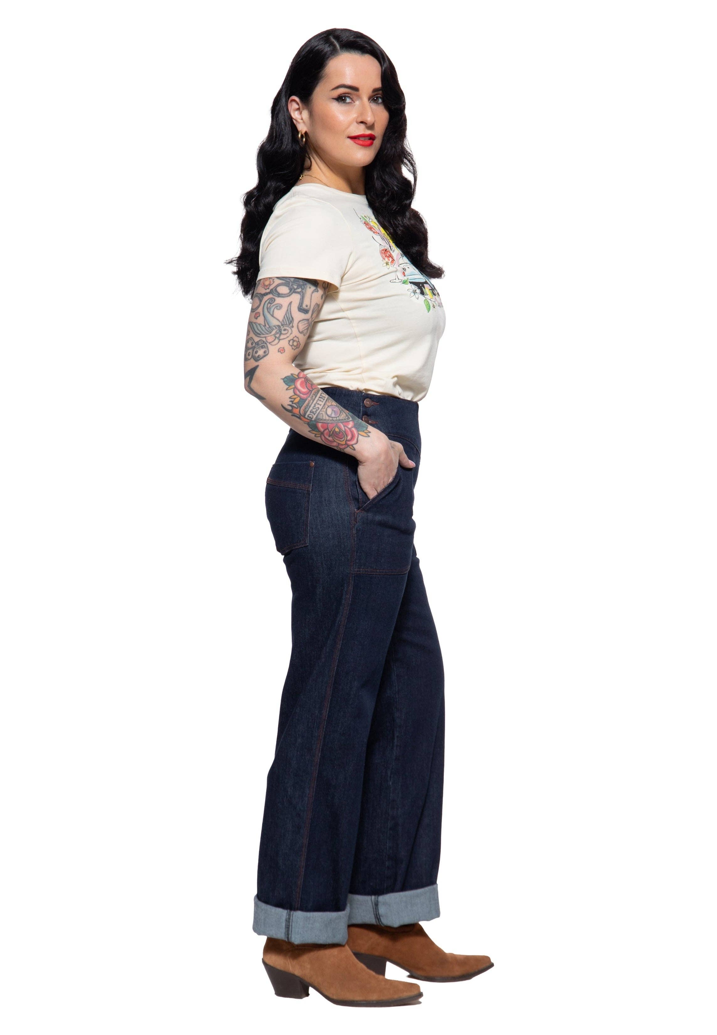 Queen Kerosin «Josie Marlene» Vintage Retro Cinch Back High Waist Denim Jeanshose