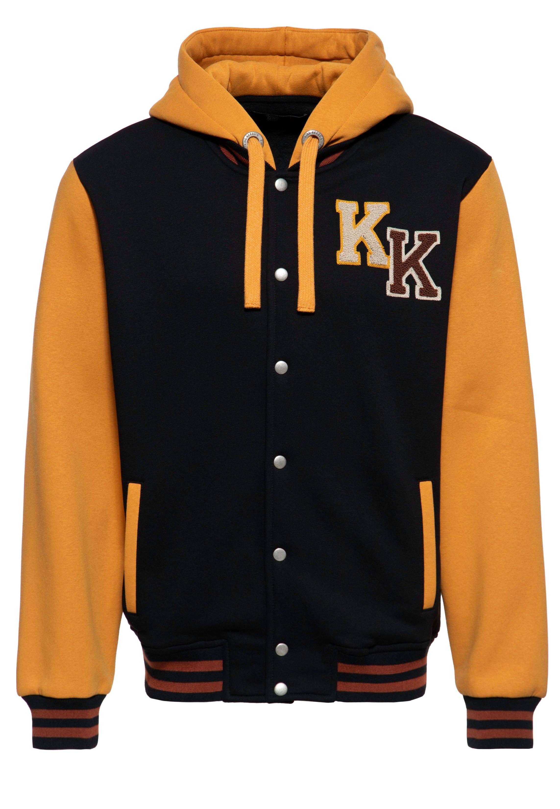 King Kerosin Sex Drugs Rock'n'Roll Kapuzen-Collegejacke in Schwarz und Senfgelb mit KK-Chenille-Patch und Rückenprint