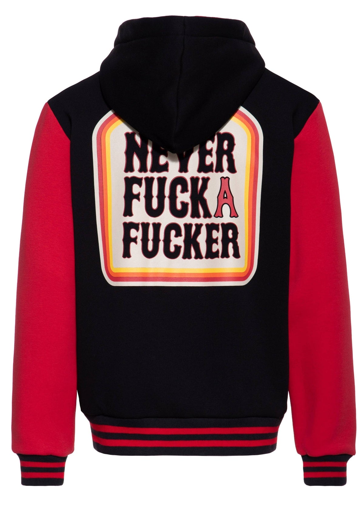 King Kerosin Never Fuck a Fucker Kapuzen-Sweatjacke in Schwarz und Rot mit großem Retro-Statement-Print auf dem Rücken