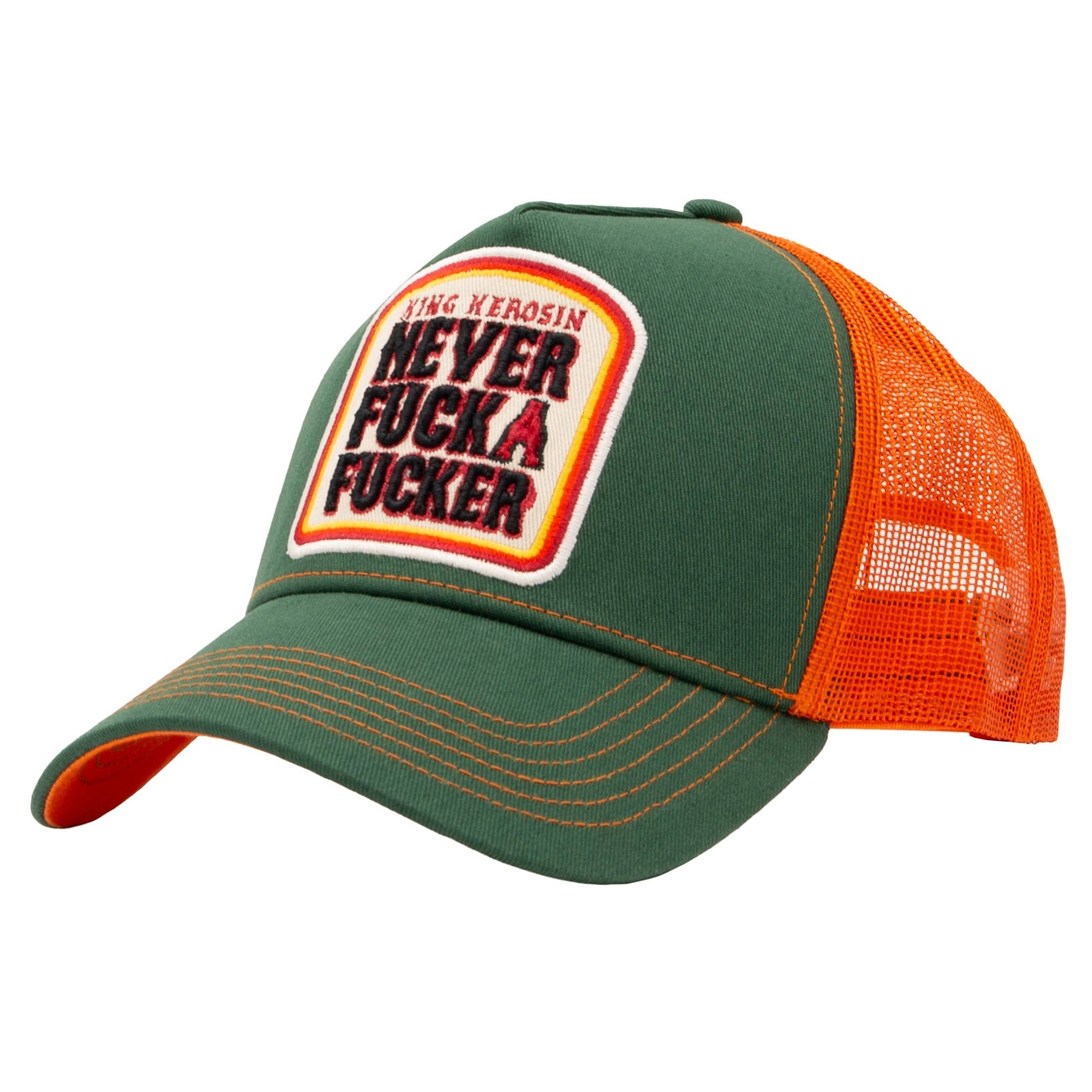 King Kerosin Trucker Cap mit hochwertigem Statement-Patch, 3D-Stickerei, Mesh-Rückseite und Snapback-Verschluss im Retro- und Rockabilly-Stil