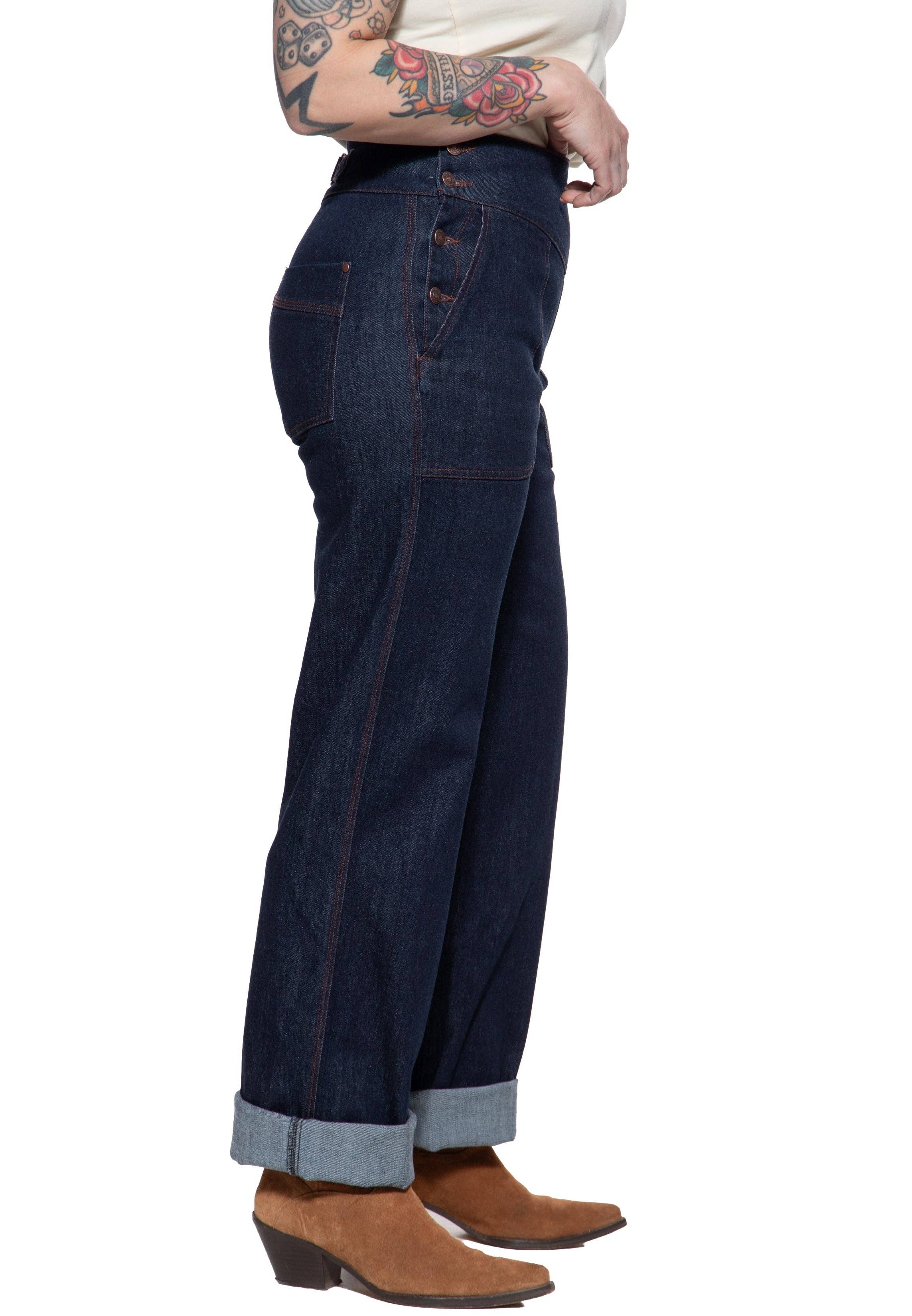 Queen Kerosin «Josie Marlene» Vintage Retro Cinch Back High Waist Denim Jeanshose