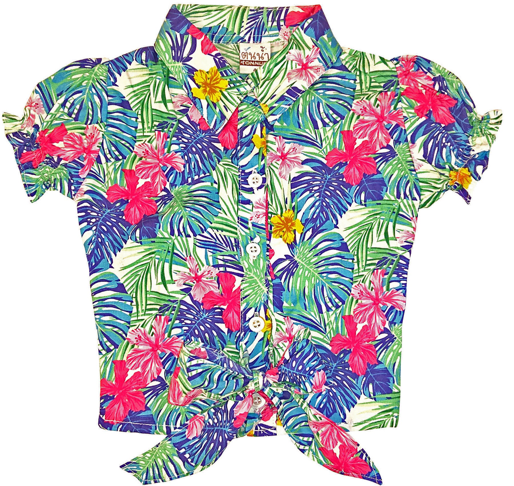 1Tropical_TIE_UP_Palmenblaetter_HIBISKUS_Blouse_Kinder_BLUSE_Oberteil_Blau_killer_kirschegeIojsJKbdukr