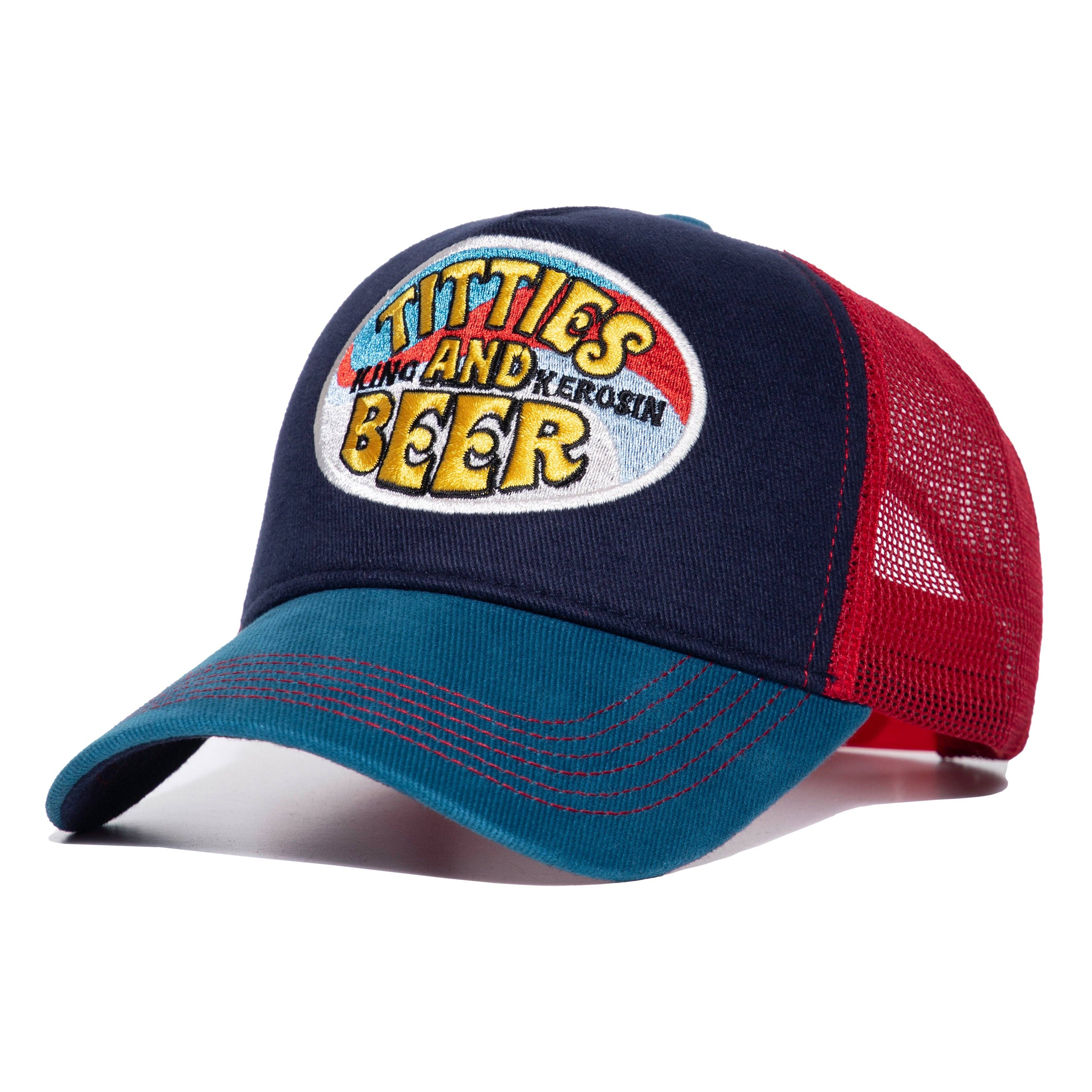 King Kerosin  «Titties and Beer» Oldschool Rock`n`Roll Trucker Cap - Blau/Rot