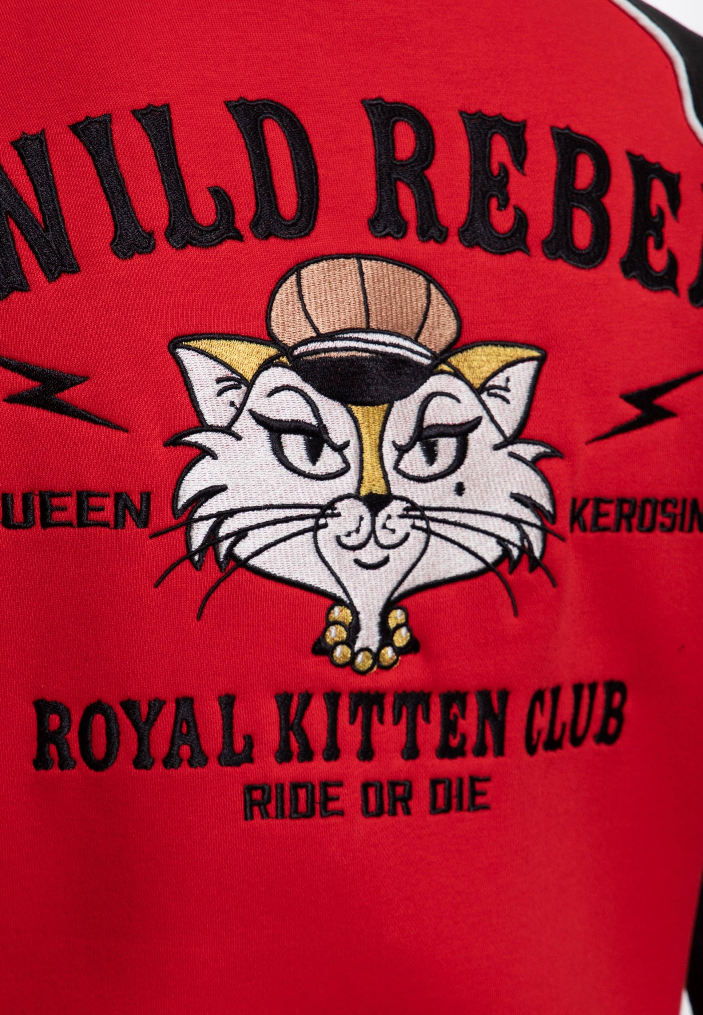 Queen Kerosin «Wild Rebel» Katzenmotiv Ride or Die Oldschool Retro Collegejacke - Rot
