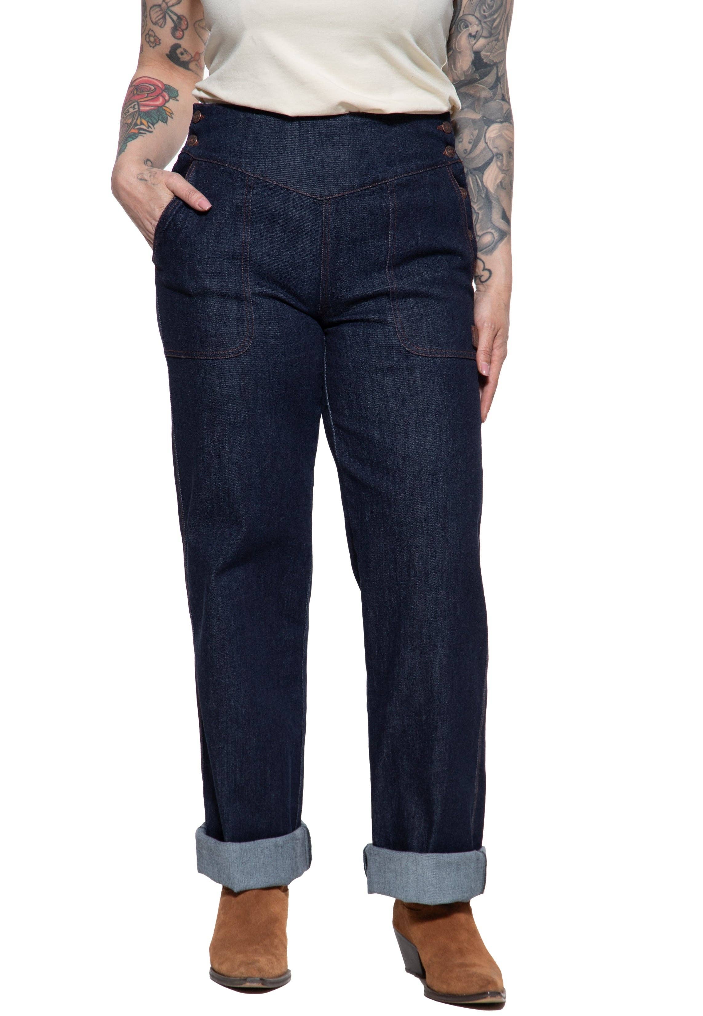 Queen Kerosin Marlene Jeans aus dunkelblauem Denim mit High Waist, weitem Bein, seitlicher Knopfleiste und Cinch-Back im Vintage-Stil.