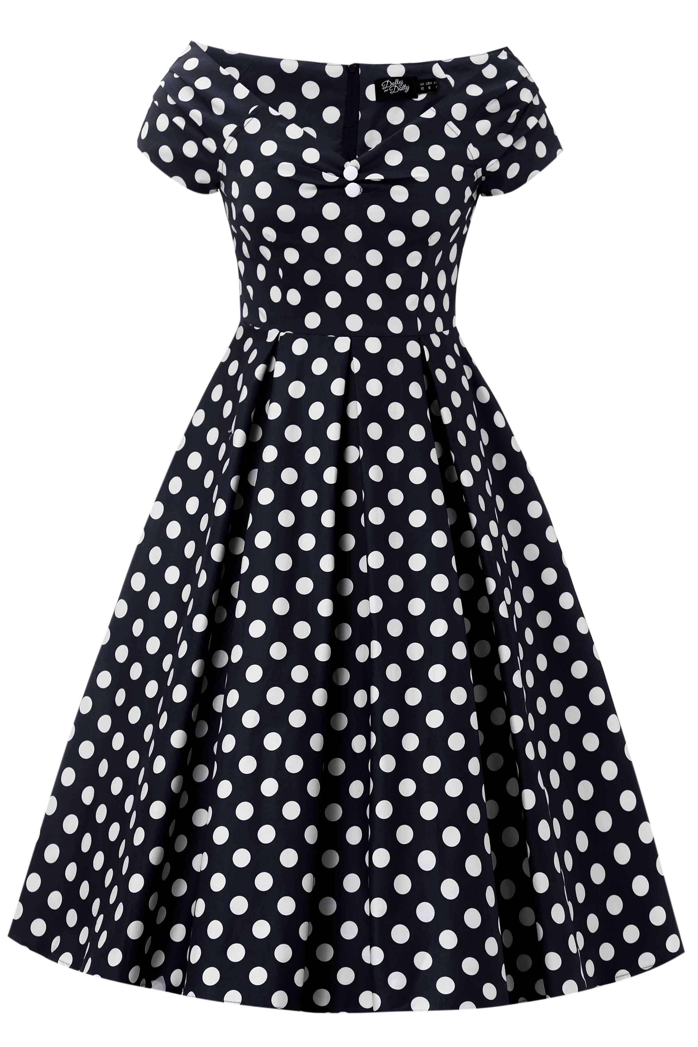 Dolly & Dotty Off-Shoulder Swing Kleid in Flieder mit weißen Polka Dots, schwingendem Rock und klassischem Vintage-Schnitt im Stil der 50er Jahre