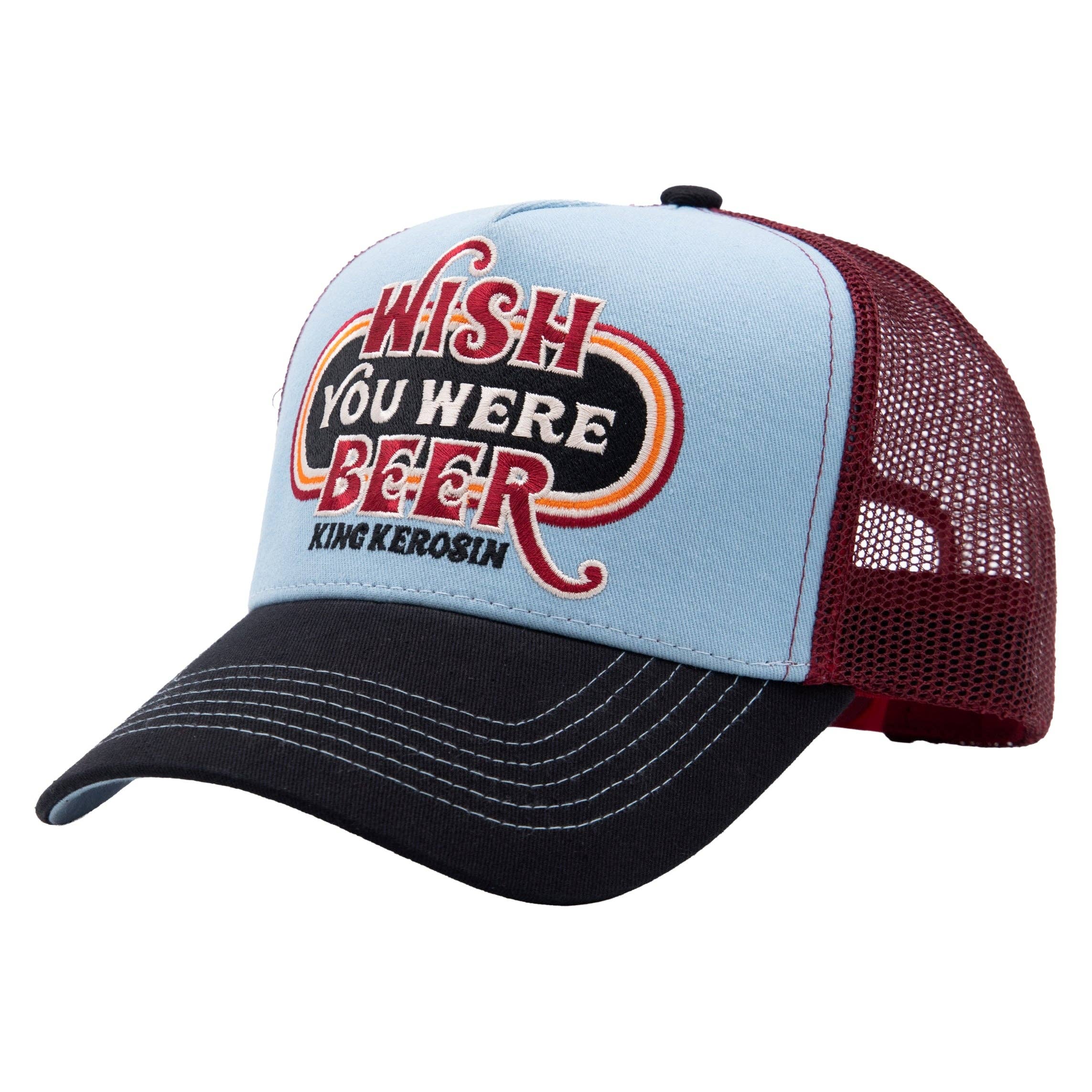 King Kerosin Trucker Cap "Wish You Were Beer" mit 3D-Stickpatch, gebogenem Schirm, Mesh-Rückseite und Snapback-Verschluss im Rockabilly- und Vintage-Stil