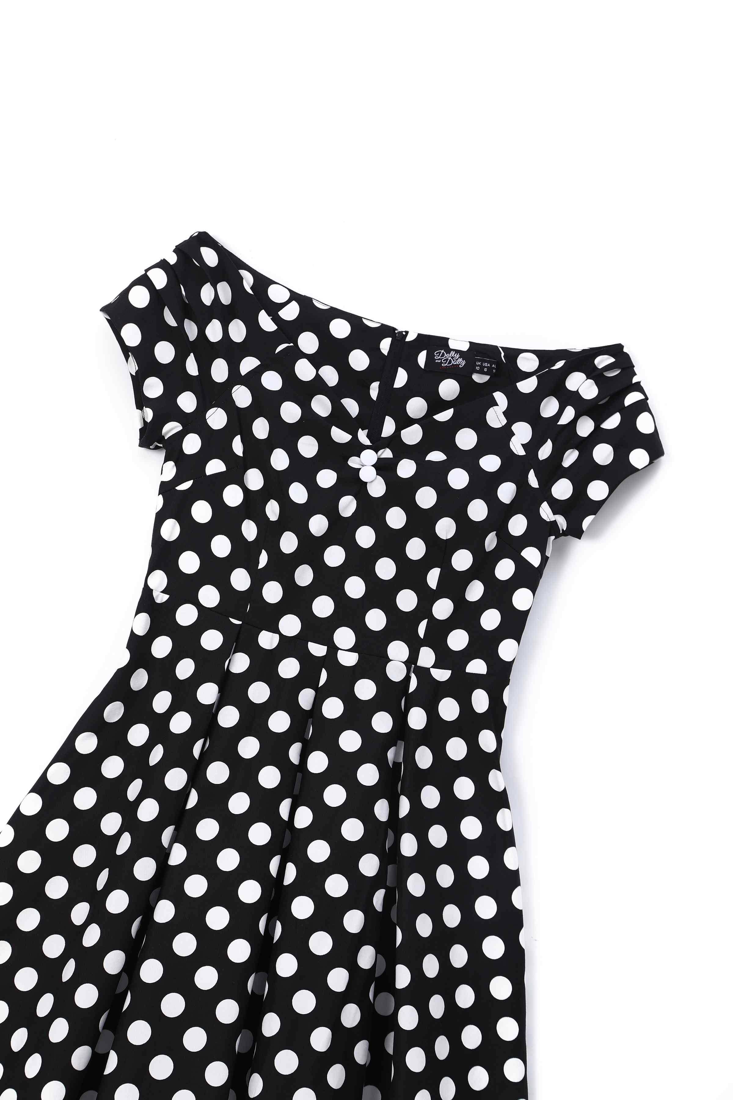 Dolly & Dotty «Lily Polka Dot» Vintage Punkte Retro Off-Shoulder Swing Kleid - Schwarz