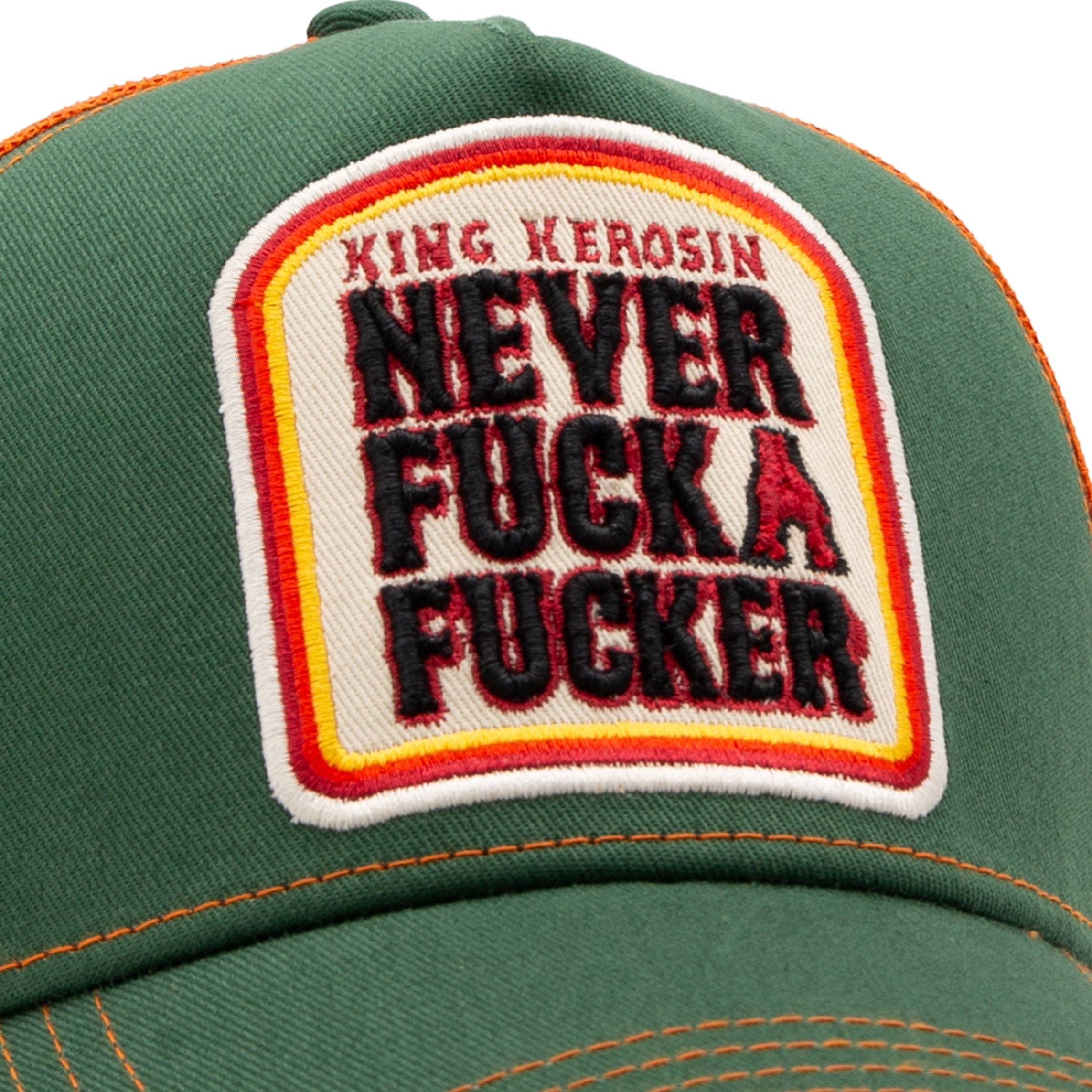 King Kerosin «Never Fuck A Fucker» Rock`n`Roll Oldschool Trucker Cap - Grün