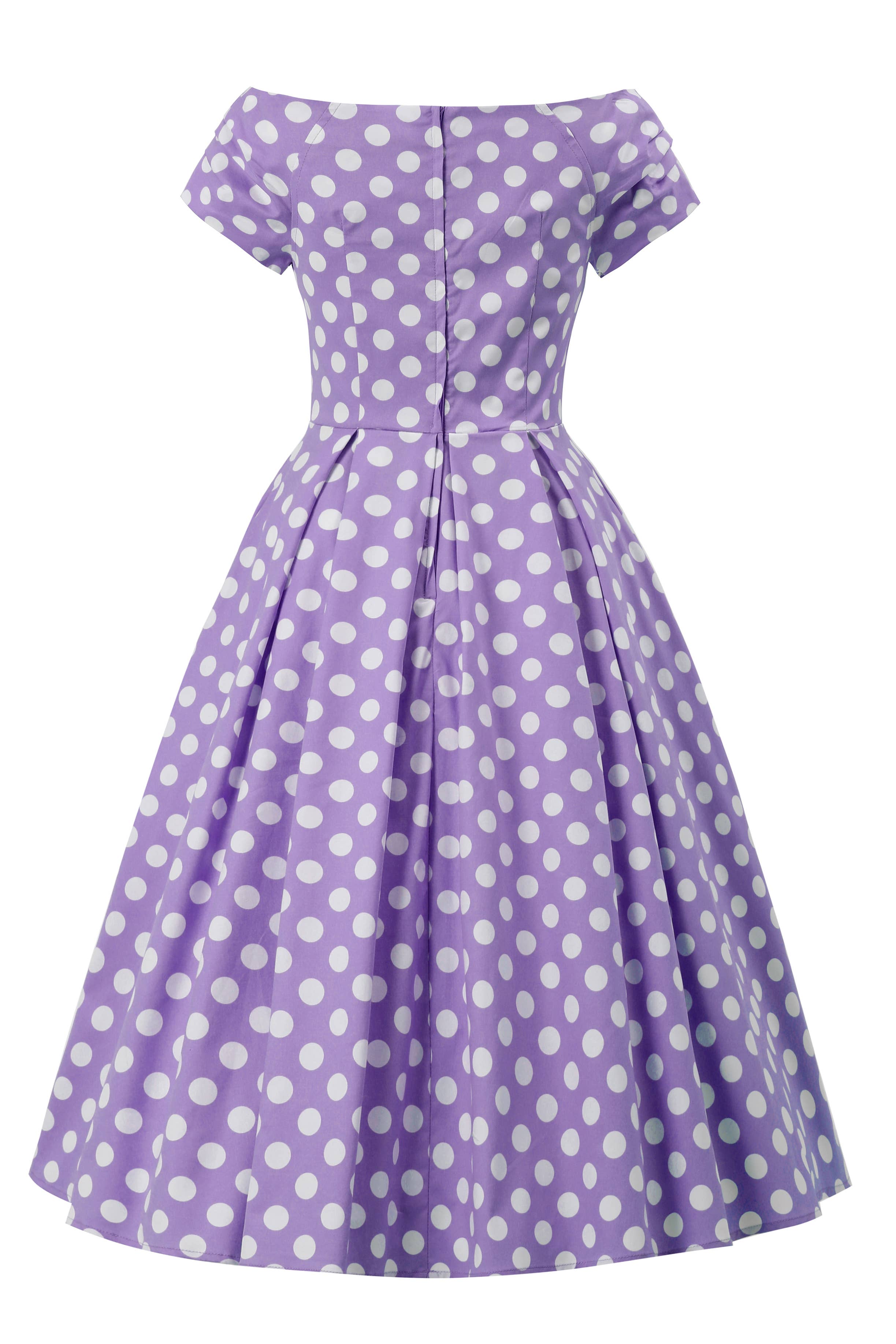 Dolly & Dotty «Lily Polka Dot» Vintage Punkte Retro Off-Shoulder Swing Kleid - Flieder