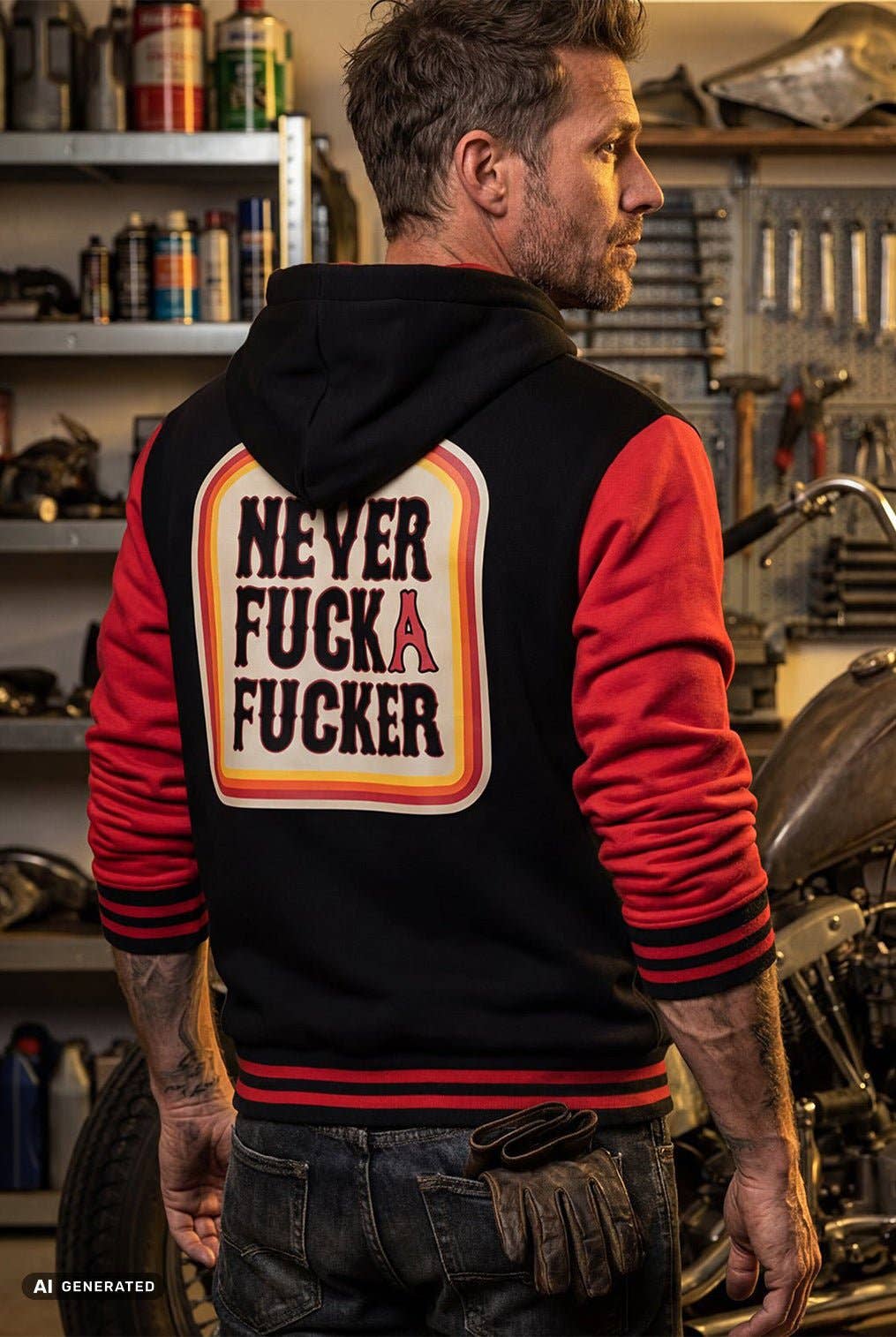 King Kerosin «Never Fuck A Fucker» Oldschool Retro Varsity Kapuzen-Sweatjacke / Hoodie