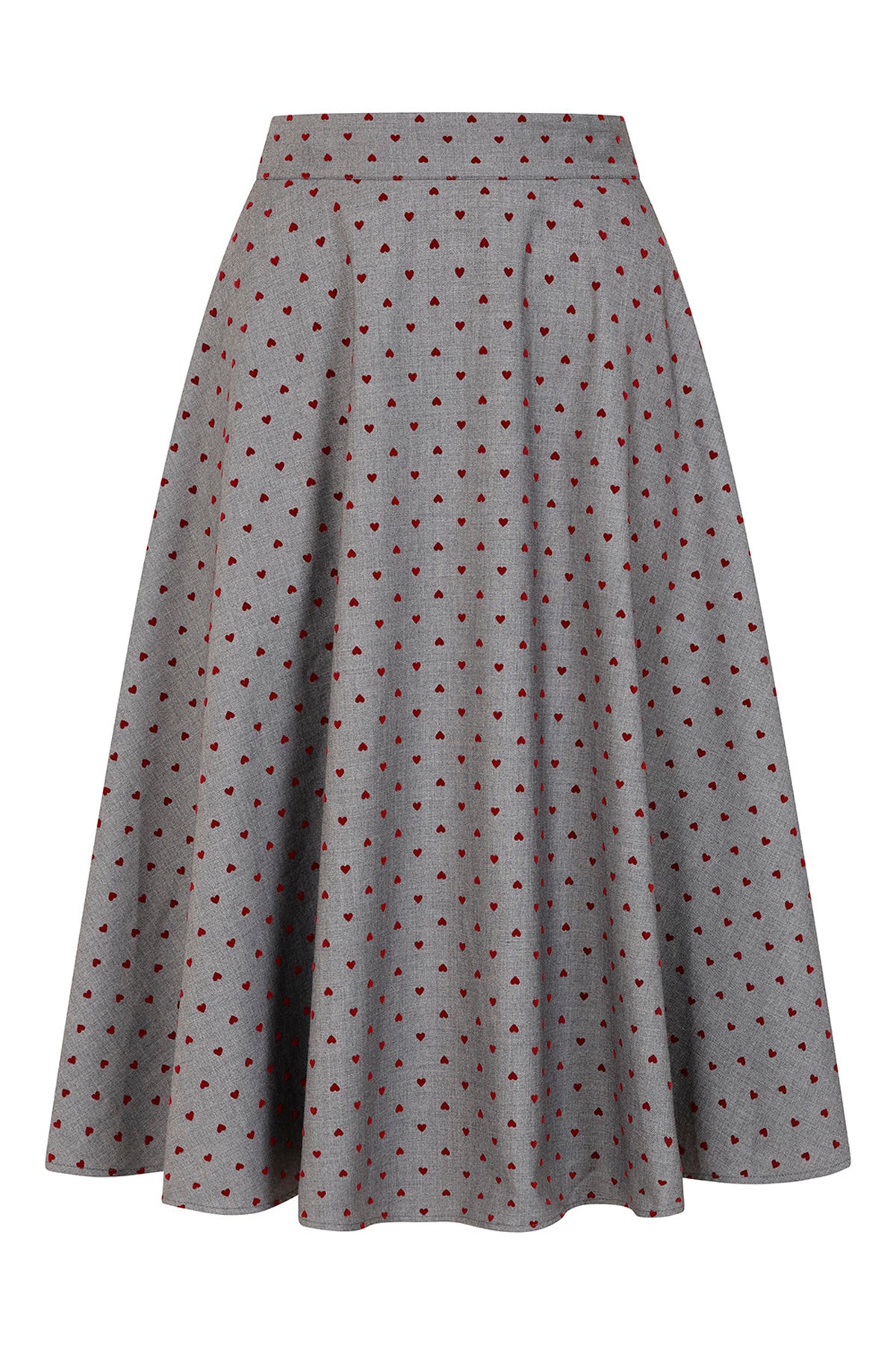 Banned Annie Heart Vintage Swing Rock in Grau mit kleinen roten Herzen, High-Waist-Bund und weitem 50er-Jahre-Schnitt