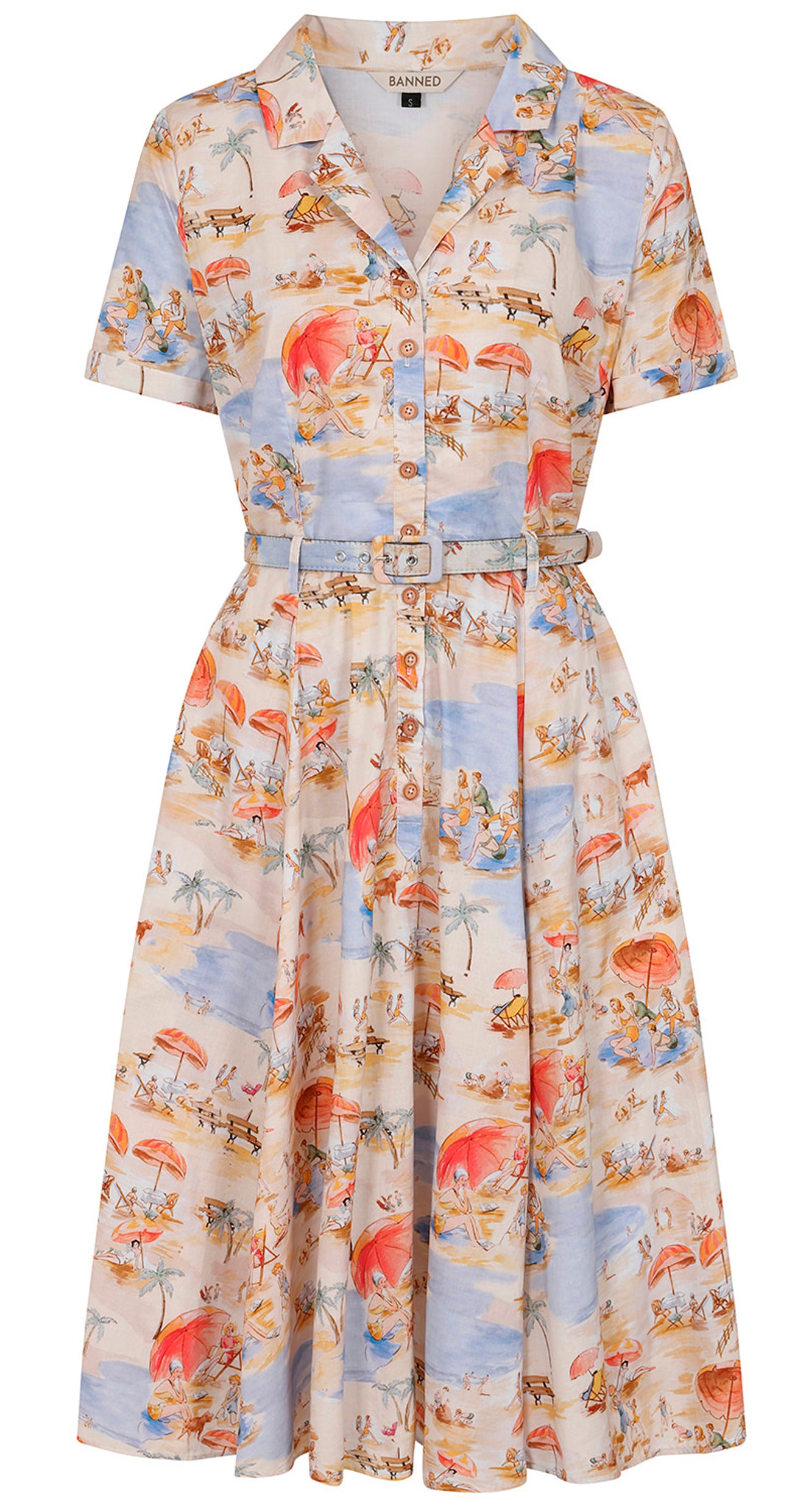Banned «Bella Beach» Vintage Strandmotiv 50s Swing Dress / Kleid - Cremefarben