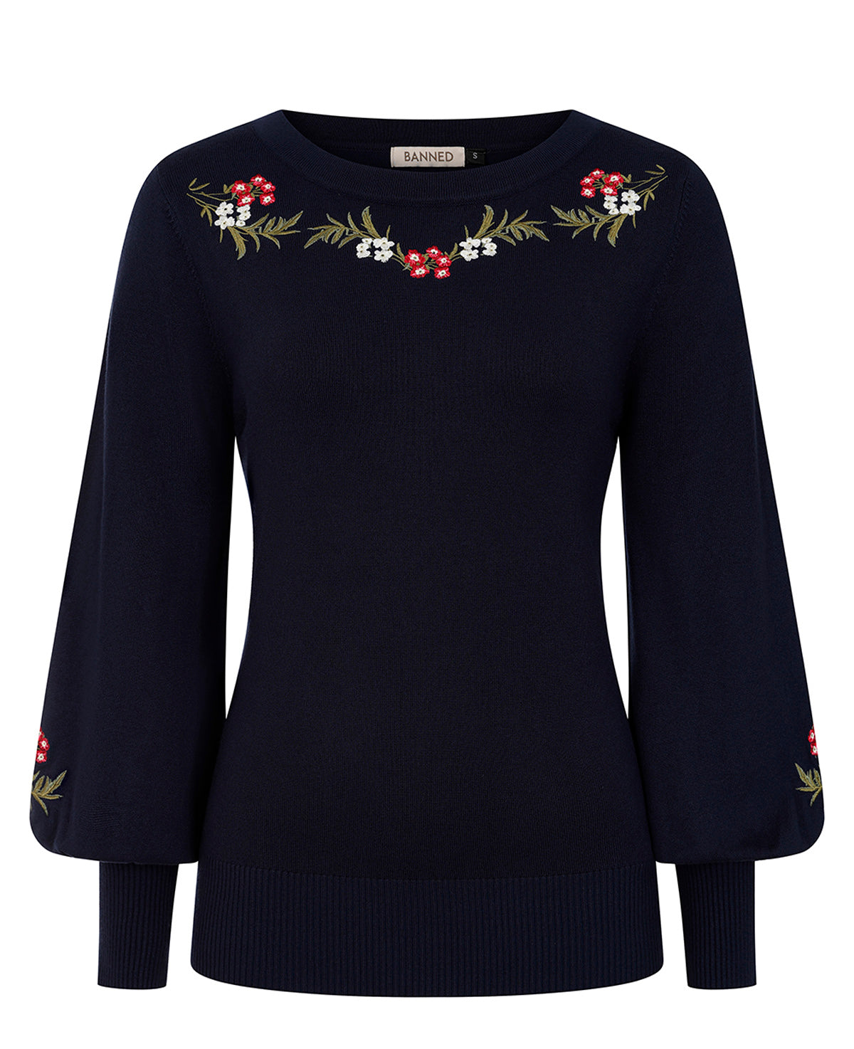 Banned Carla Romantic Floral Damen Vintage Pullover in Navy mit Blumenstickerei und Ballonärmeln