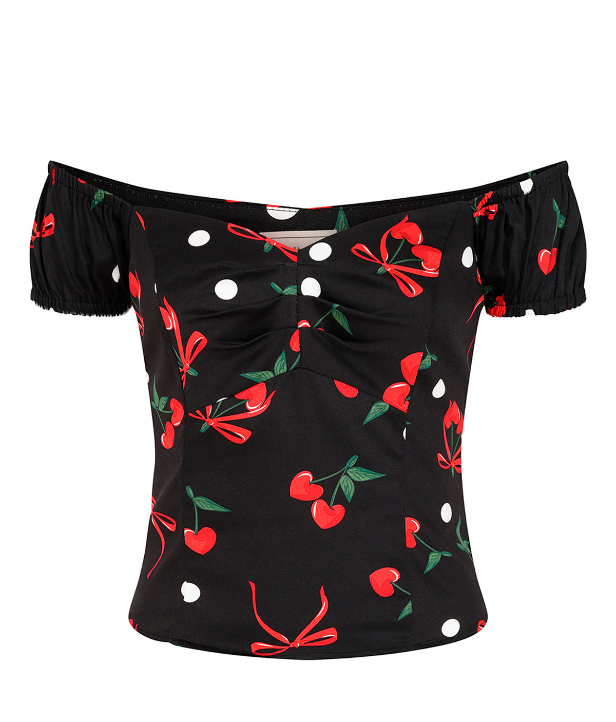 Banned «Cherries and Bows» Vintage 50s Kirschen Punkte Sweetheart Bluse / Top - Schwarz