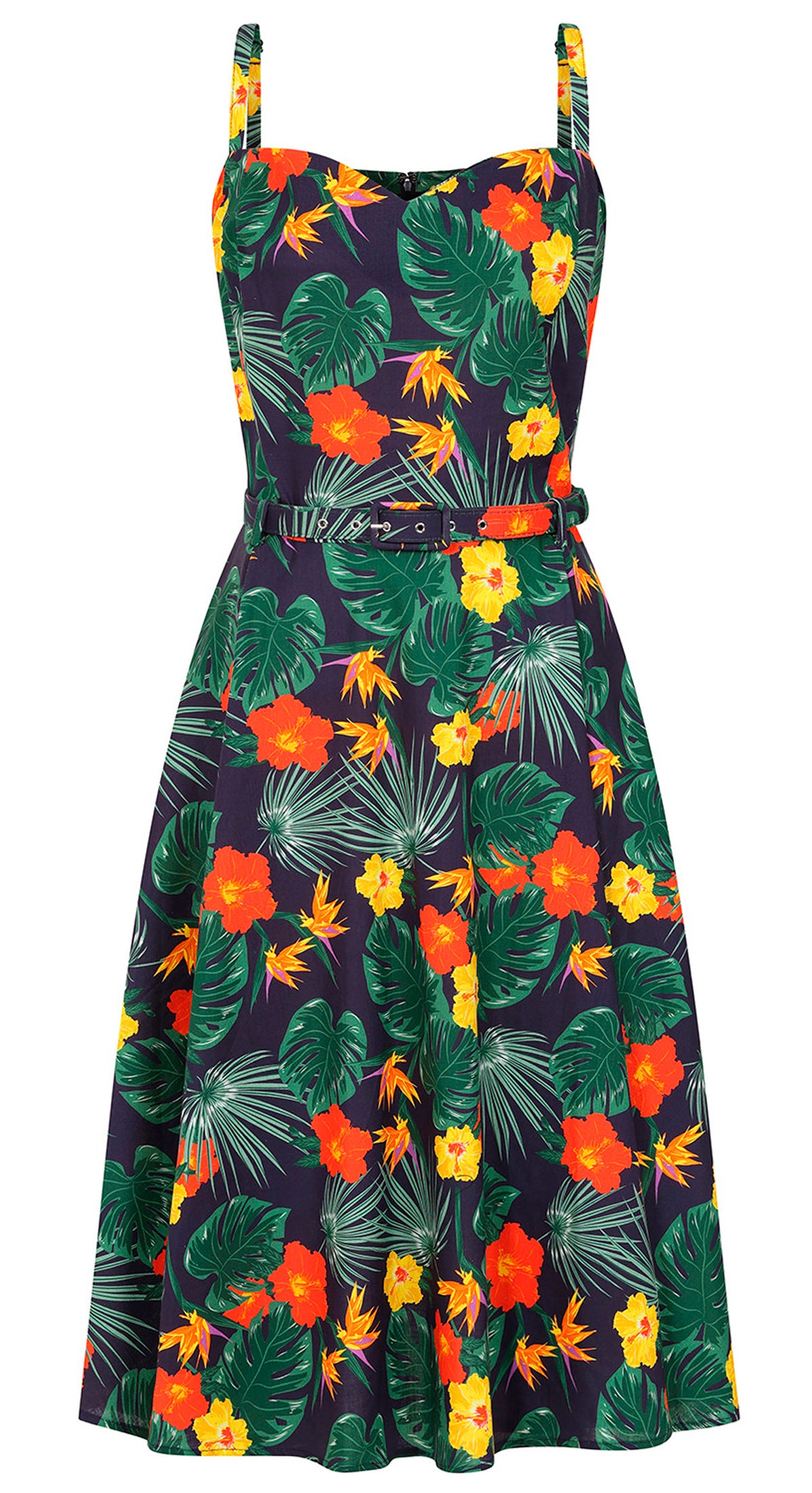 Dunkelblaues Vintage Swing Kleid mit tropischem Hawaii-Blütenprint, Sweetheart-Ausschnitt und Gürtel im 50er Jahre Stil