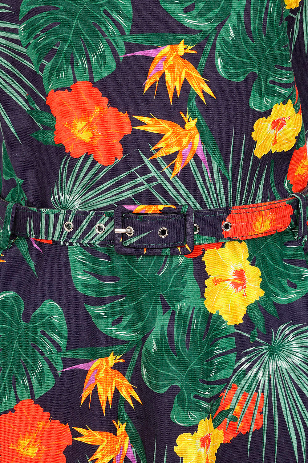 Banned «Morena Tropical» Vintage Sweetheart Hibiscus Tiki Träger Swing Dress / Kleid - Navy