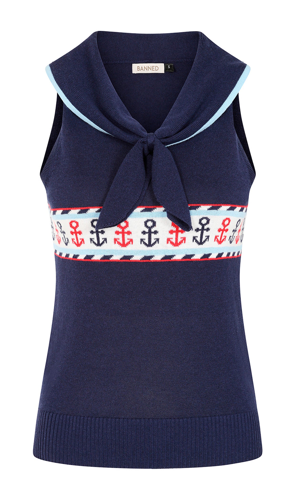 Banned Sailor Sophie ärmelloses Vintage Stricktop in Navy mit Matrosenkragen und rot-blauem Anker-Muster