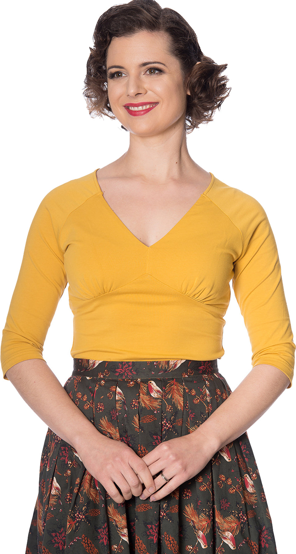 Banned_CUTE_CLASSIC_Vintage_PLAIN_V-Neck_50s_Oberteil_SHIRT_-_Mustard_killer_kirsche_1