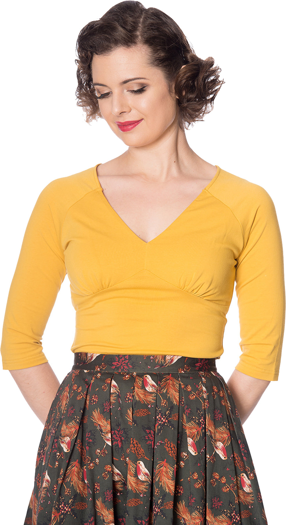 Banned_CUTE_CLASSIC_Vintage_PLAIN_V-Neck_50s_Oberteil_SHIRT_-_Mustard_killer_kirsche_2