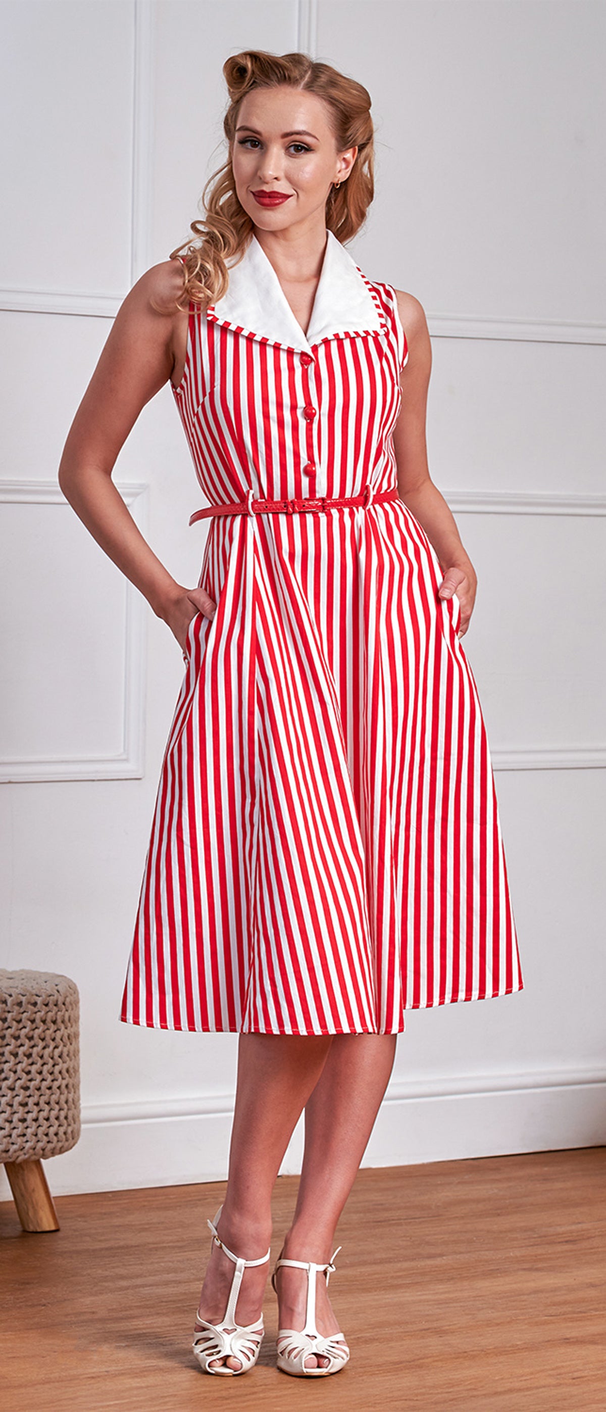 Banned «Genevieve Striped» Vintage Streifen Sailor Retro Swing Dress Kleid - Rot