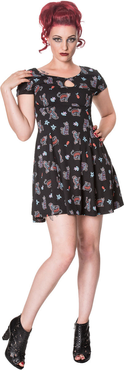 Banned_MAGENTA_MORNINGS_Katze_Cat_Kurzarm_MINI_Swing_Dress_KLEID-1