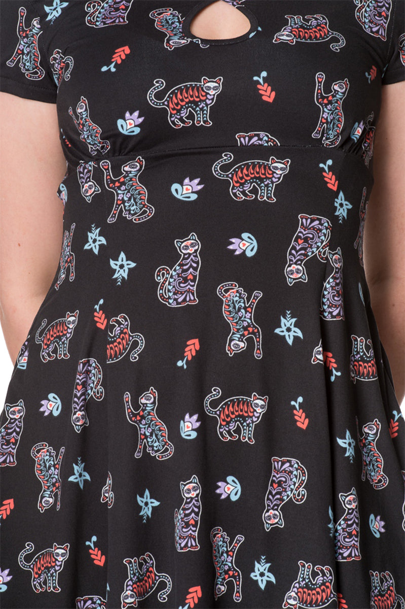 Banned_MAGENTA_MORNINGS_Katze_Cat_Kurzarm_MINI_Swing_Dress_KLEID-3