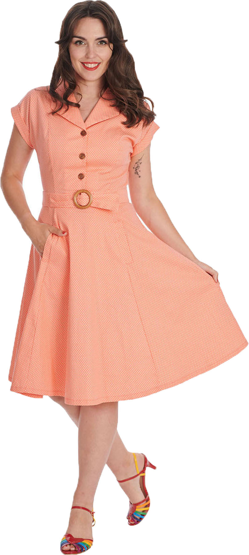 Banned_POLKA_DOT_DANCE_50s_PUNKTE_Kurzarm_SWING_DRESS_Hemdkleid_-_Apricot_Killer_Kirsche-1
