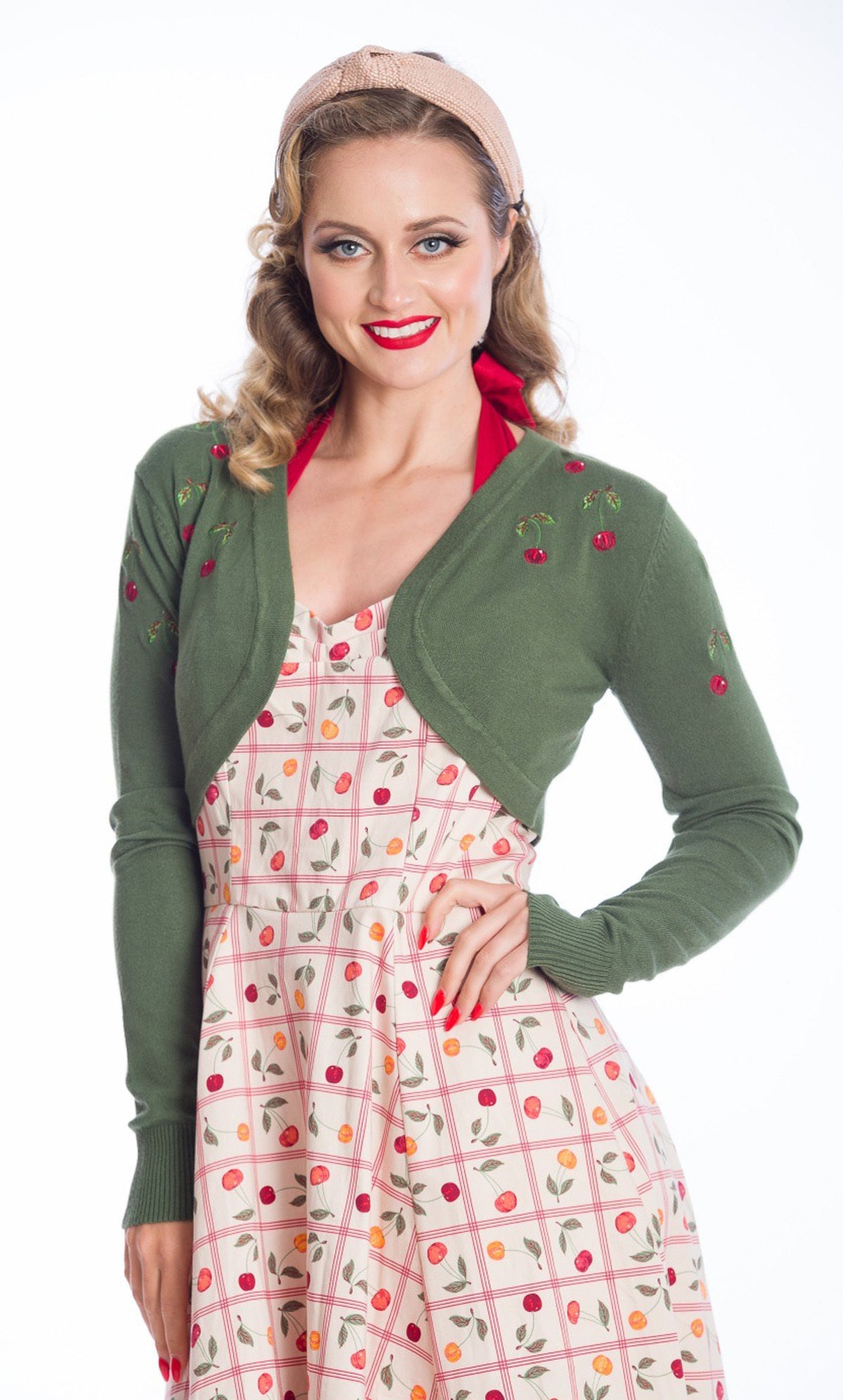 Banned_SUMMER_BERRY_CHERRY_Kirschen_Langarm_BOLERO_Strickjacke_-_Dunkles_Salbeigruen-1