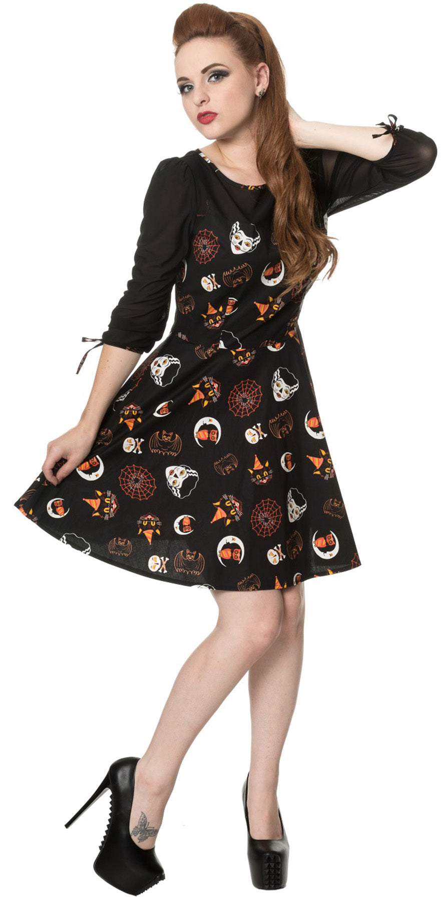 Banned_THE_HAUNTED_Spiderweb_Bats_CREEPY_dreiviertel_Arm_KLEID_killer_kirsche