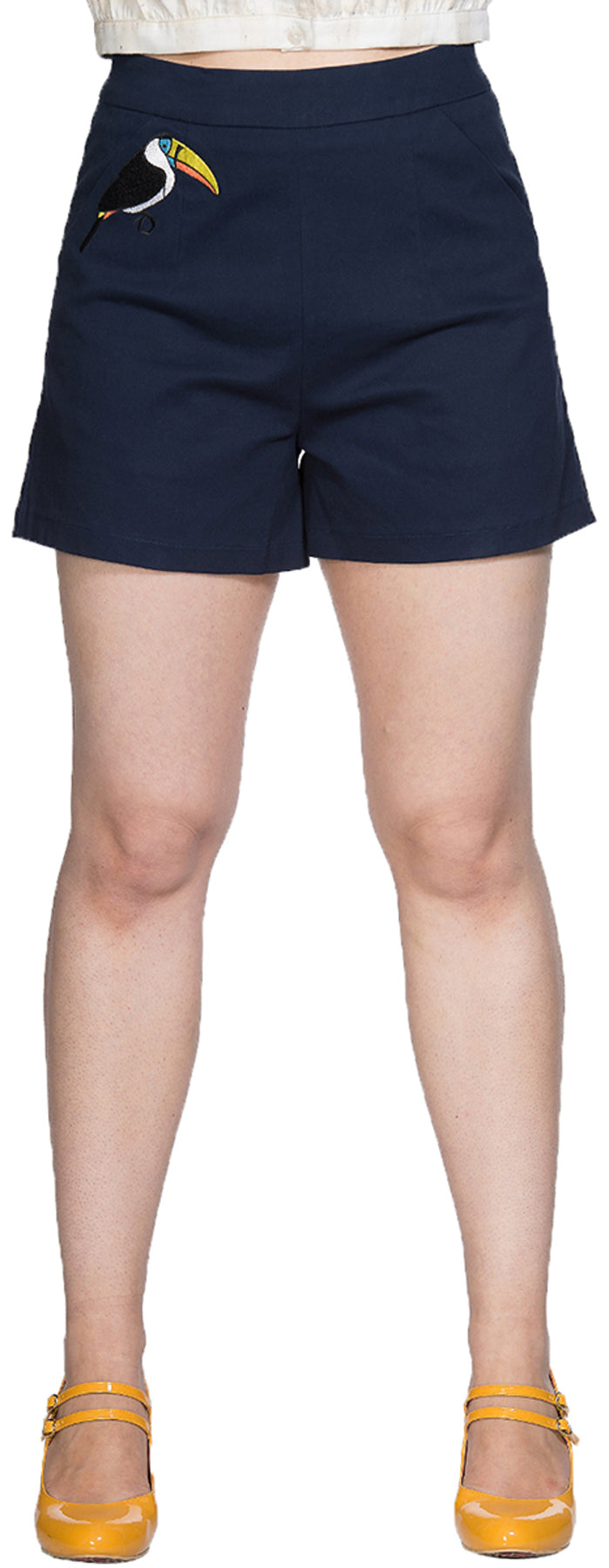 Banned_TOUCAN_Tropical_Retro_TUKAN_Embroidery_High_Waisted_SHORTS_Navy_killer_kische
