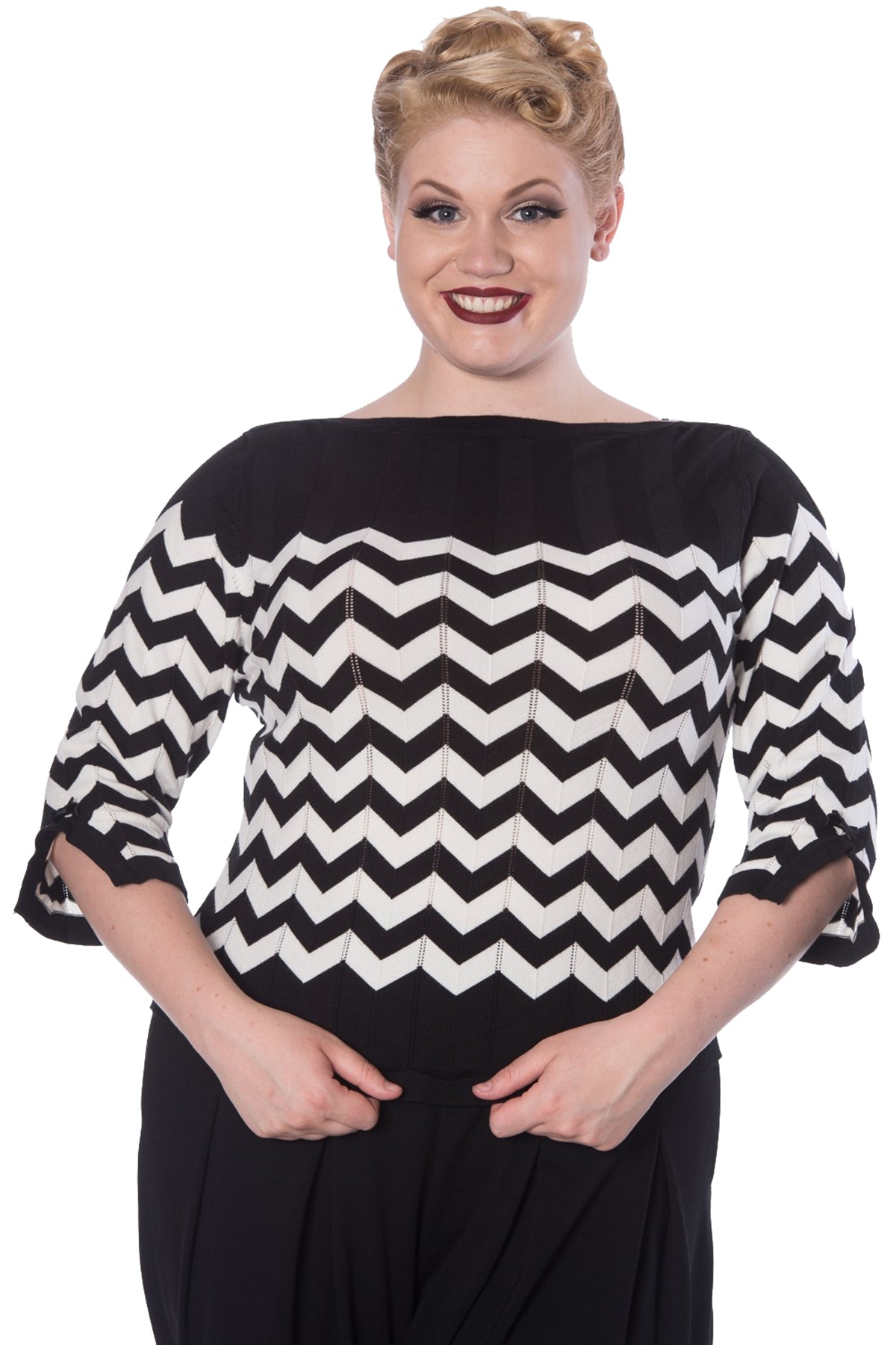 Banned_VANILLA_ZICK-ZACK_Retro_U-Boot_dreiviertel_Arm_JUMPER_Pullover_-_Plus_Size_-_Schwarz_killer_kirsche_1