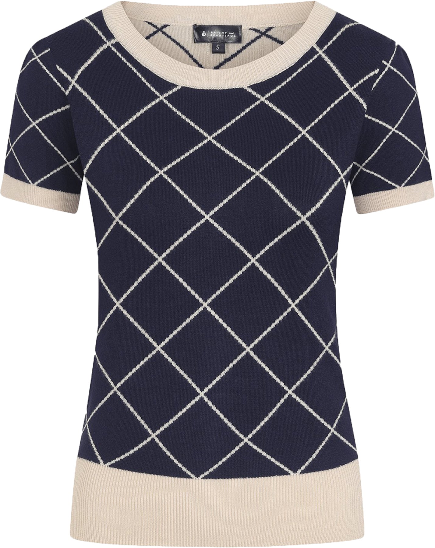 Bright_Beautiful_BELLA_SUMMER_HARLEQUIN_Retro_Kurzarm_Feinstrick_SHIRT_Blau_killer_kirsche