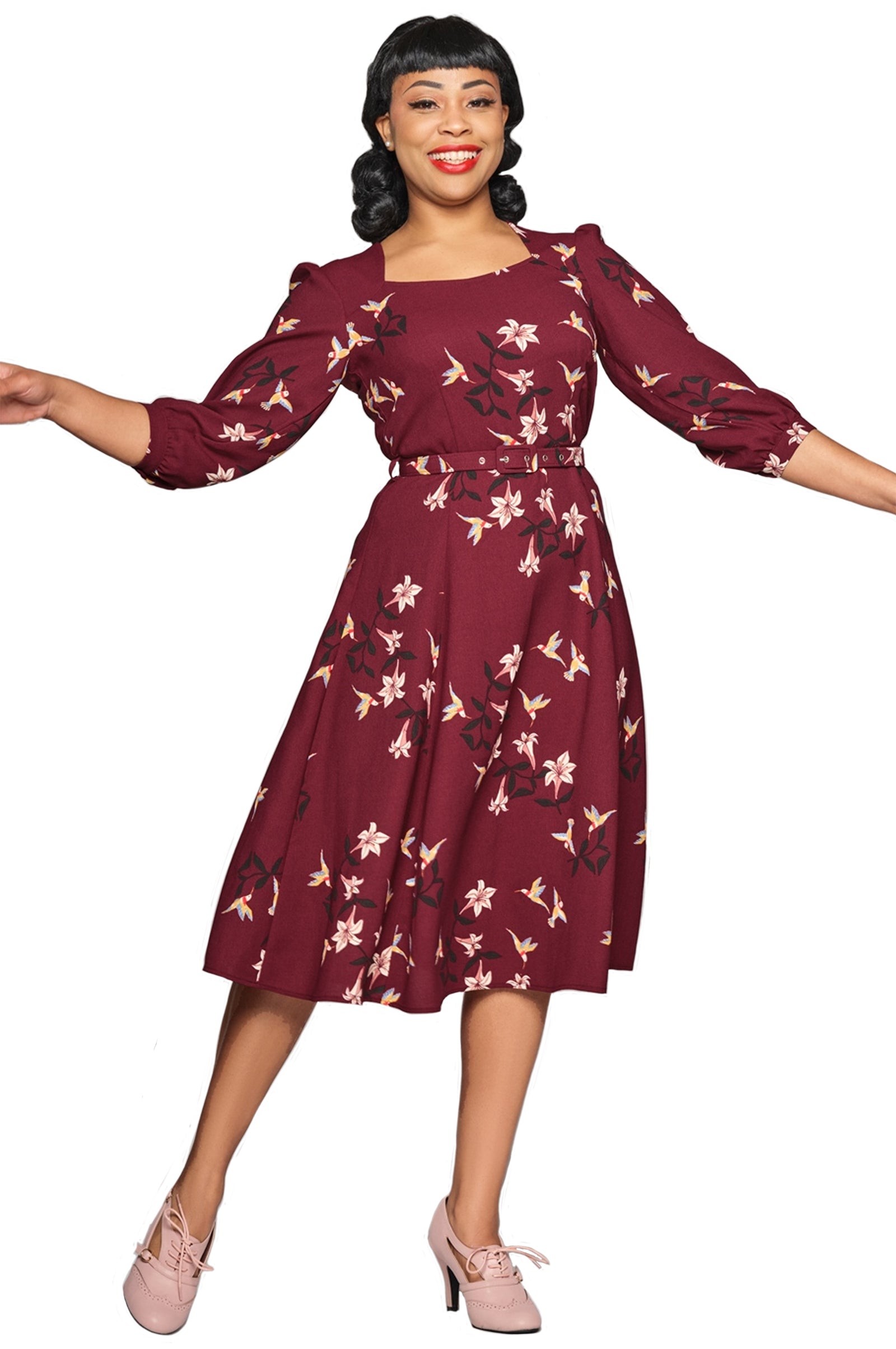 Collectif_EMMALYN_FLARED_Vintage_Classic_Lilies_and_Birds_Floral_Crepe_Dress_KLEID_-_Weinrot-4