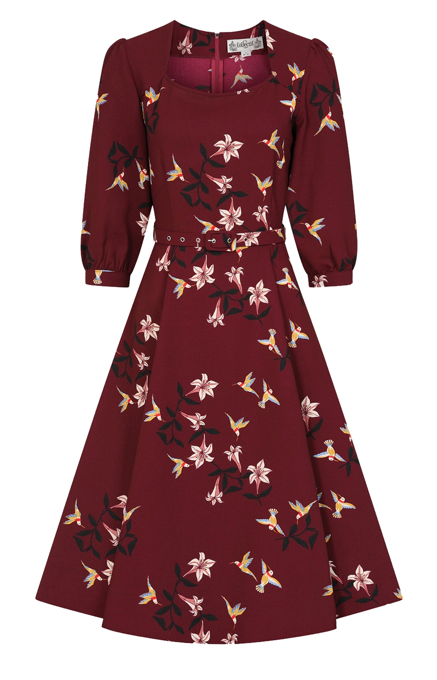 Collectif_EMMALYN_FLARED_Vintage_Classic_Lilies_and_Birds_Floral_Crepe_Dress_KLEID__Weinrot-1vJffmSaG42PUn