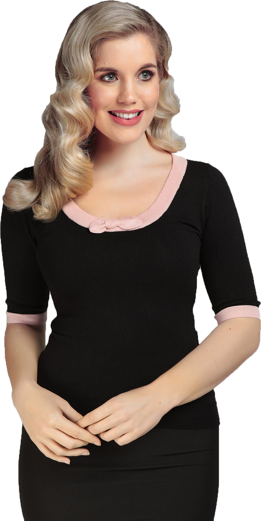 Collectif_FREYA_50s_BOW_Schleife_KNITTED_JUMPER_Halbarm_Pullover_Schwarz-Rosa_Killer_Kirsche-1