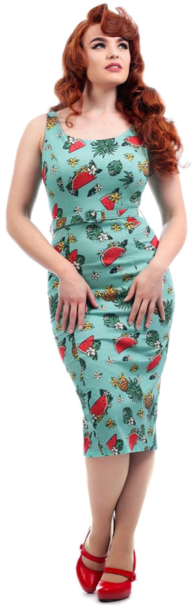 Collectif_INEIS_Tropical_FRUIT_Ananas_FLOWER_Watermelon_Pencil_Dress_KLEID