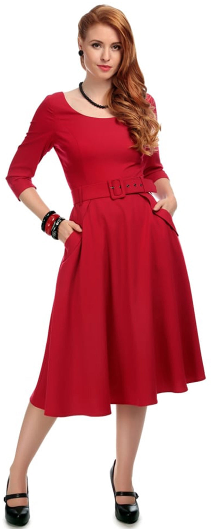 Collectif_IVELIA_Vintage_PLAIN_dreiviertel4_Arm_Retro_SWING_Doll_Dress_KLEID_Rot_killer_kirsche