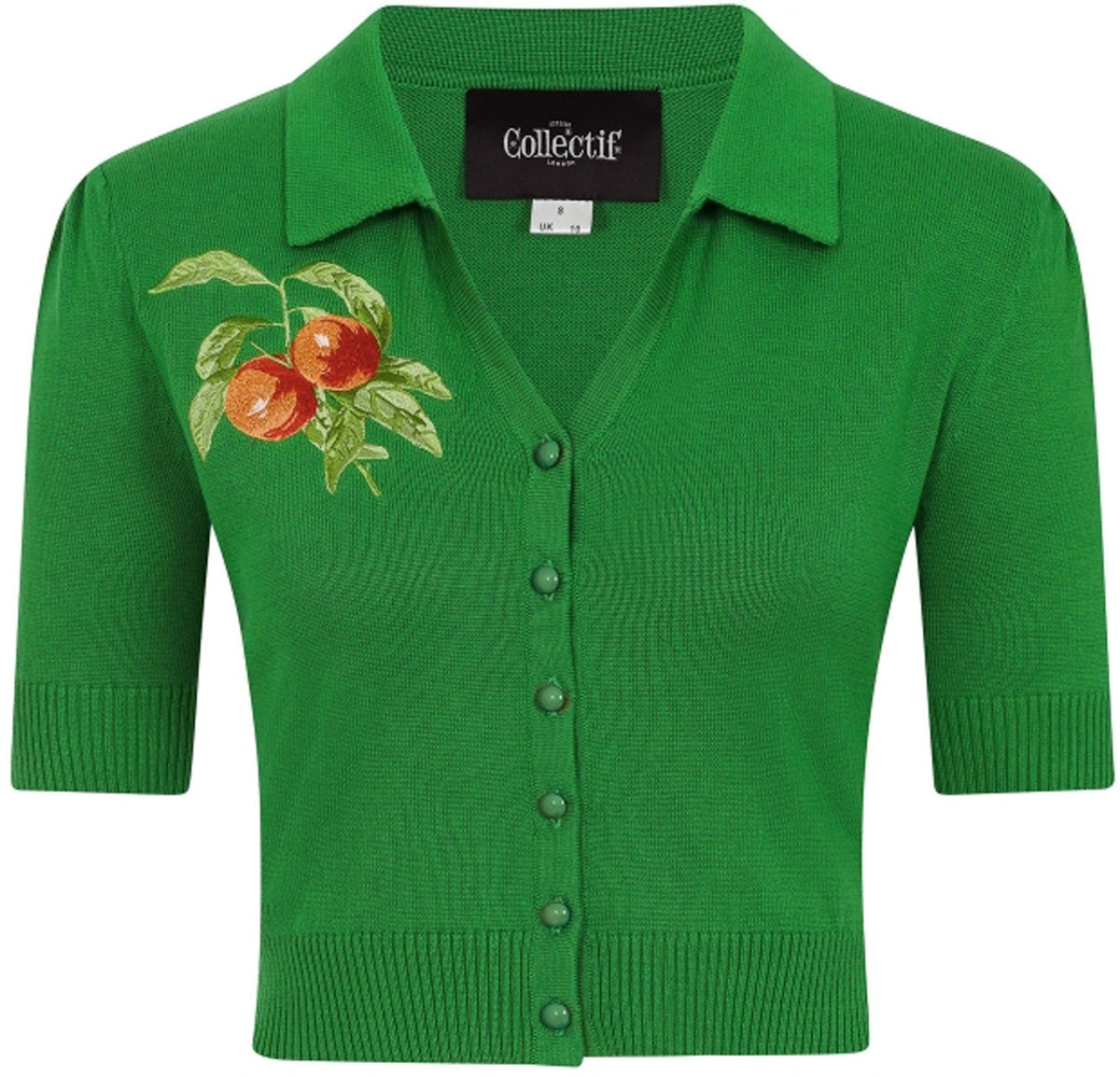 Collectif_JAN_VINTAGE_PEACHES_CARDIGAN_kurzarm_Feinstrick_Strickjacke_gruen_Pfirsich_killer_kirsche_5