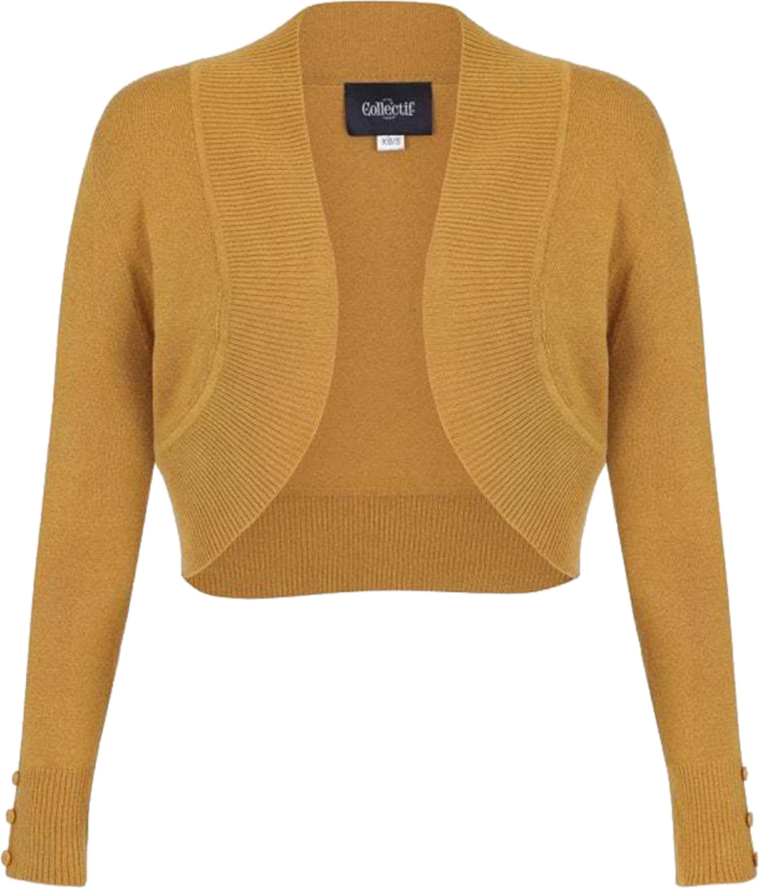 Collectif_JEAN_Knitwear_Vintage_CROPPED_Langarm_BOLERO_Strickjacke_Senfgelb_Killer_Kirsche-3