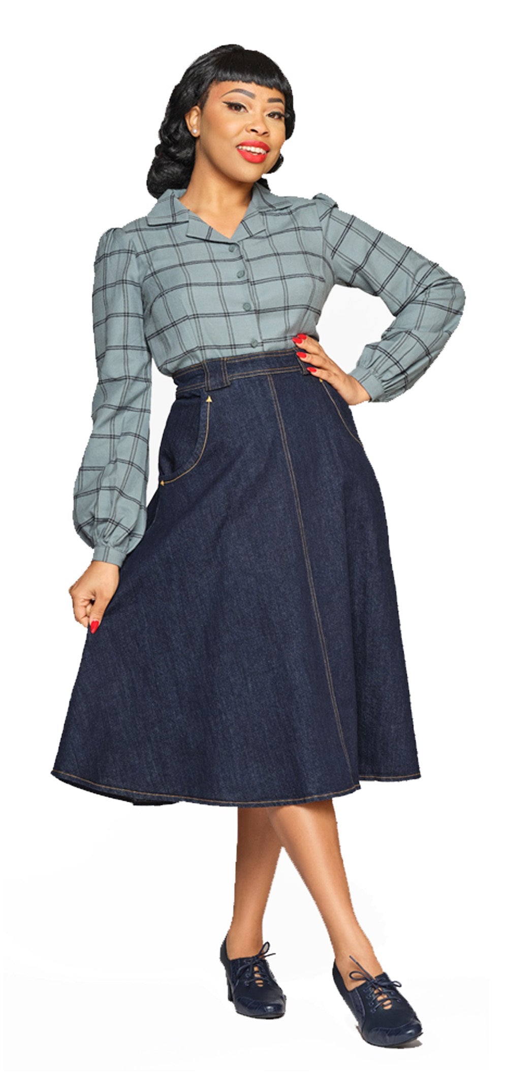 Collectif_JERRY_SEAFOAM_Vintage_Check_50s_Bishop_Sleeve_BLOUSE__Bluse_-_Mint-3
