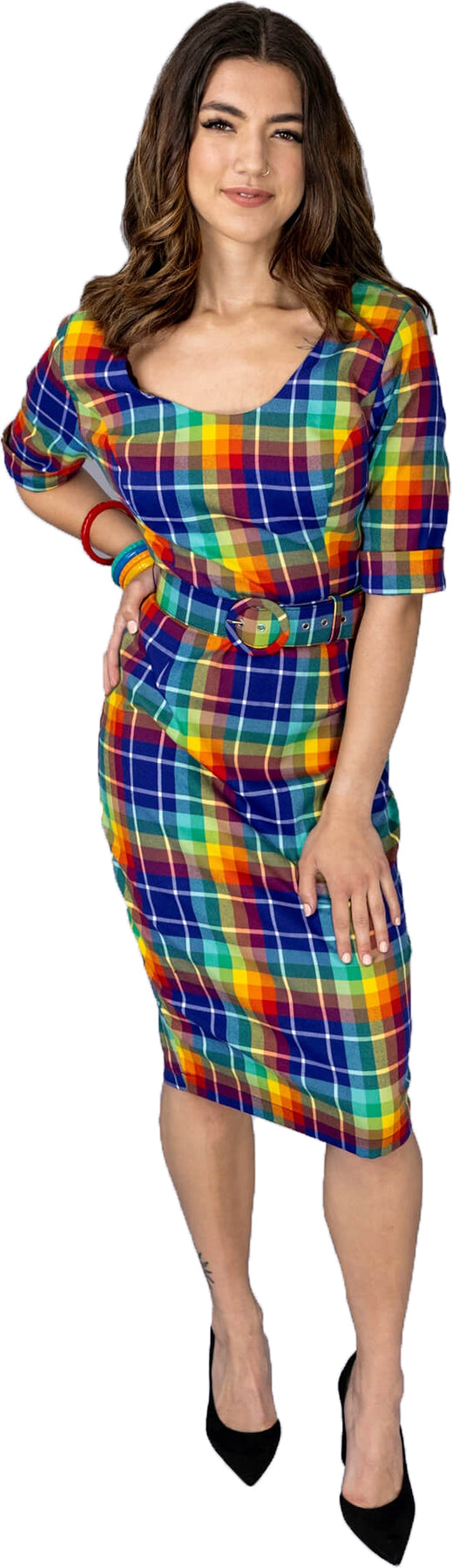 Collectif_JUNE_Rainbow_Check_TARTAN_Karo_Halbarm_PENCIL_DRESS_Bleistiftkleid_Killer_Kirsche-1vbTAjANryZBOR