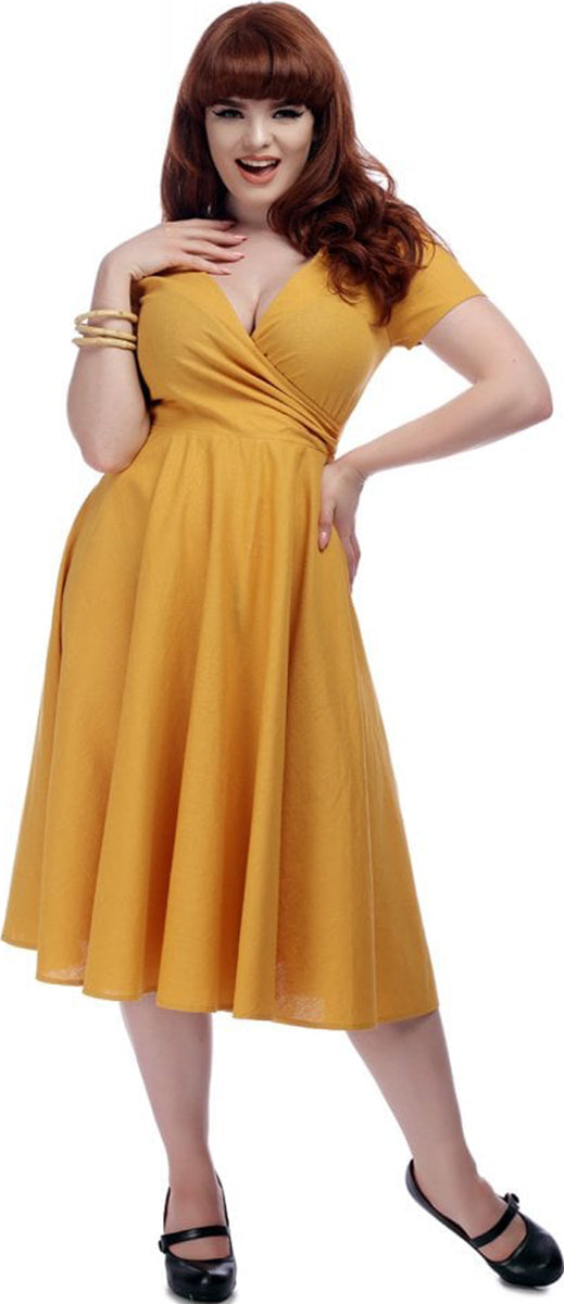 Collectif_MARIA_Vintage_PLAIN_V-Neck_Kurzarm_SWING_DRESS_Kleid_Senfgelb-165Uv0rdOEWuLS