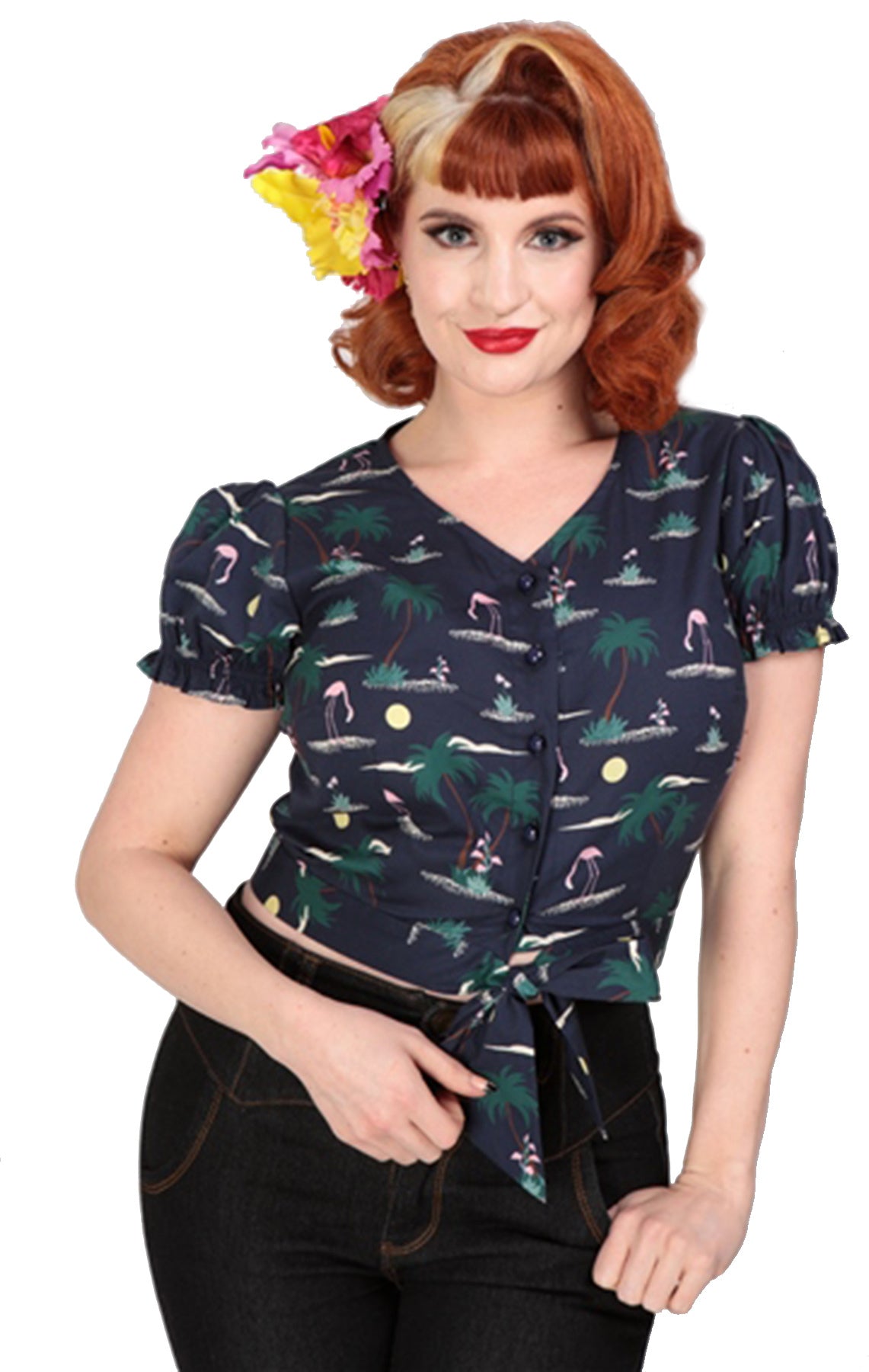 Collectif_MISTY_50s_FLAMINGOTiki_V-NECK_Kurzarm_BLOUSE_Bluse_killer_kirsche_1