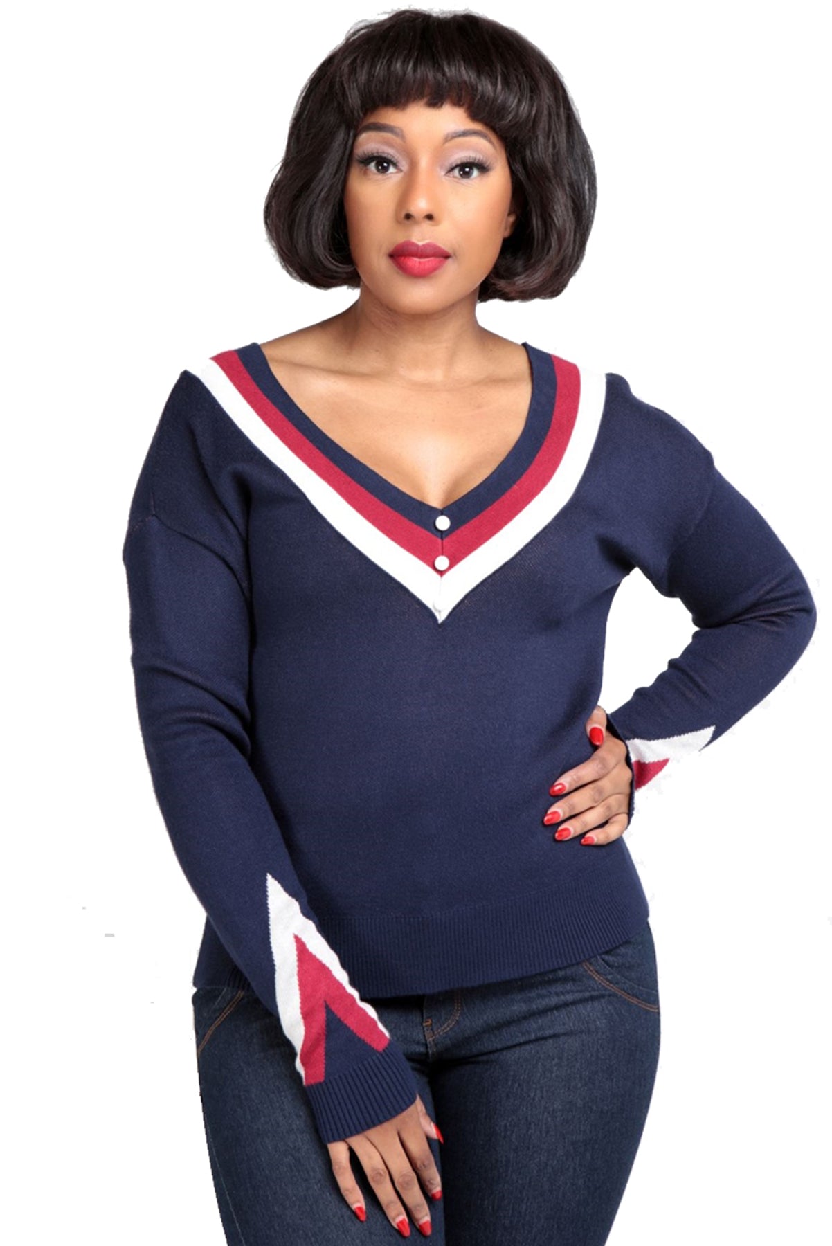 Collectif_NUMA_SAILOR_KNITTED_Vintage_V-NECK_LANGARM_Feinstrick_PULLOVER_Oberteil_-_Blau_killer_kirsche_1