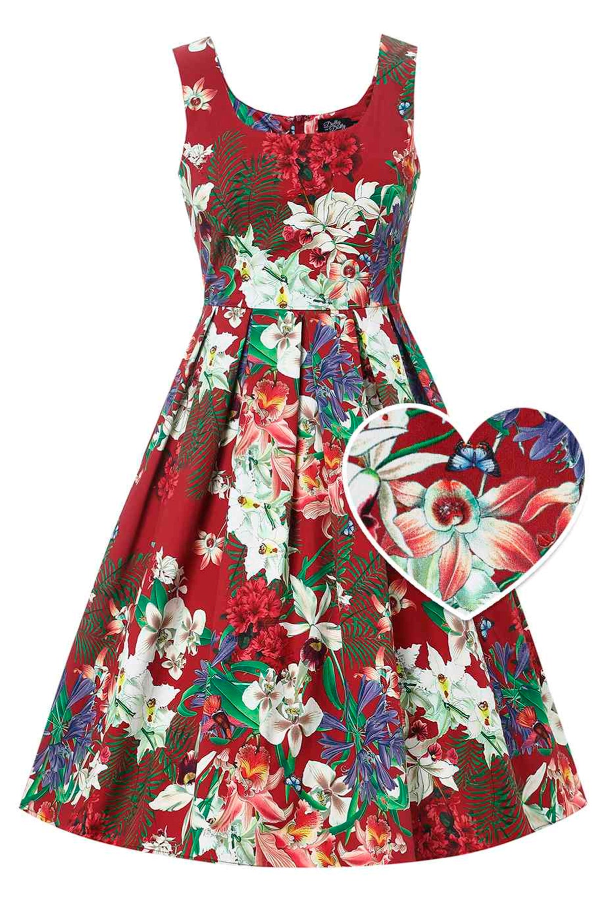 Amanda Swing Kleid in Bordeaux mit tropischem Blumenprint, Orchideen und weitem 50er Jahre Rock mit Taschen