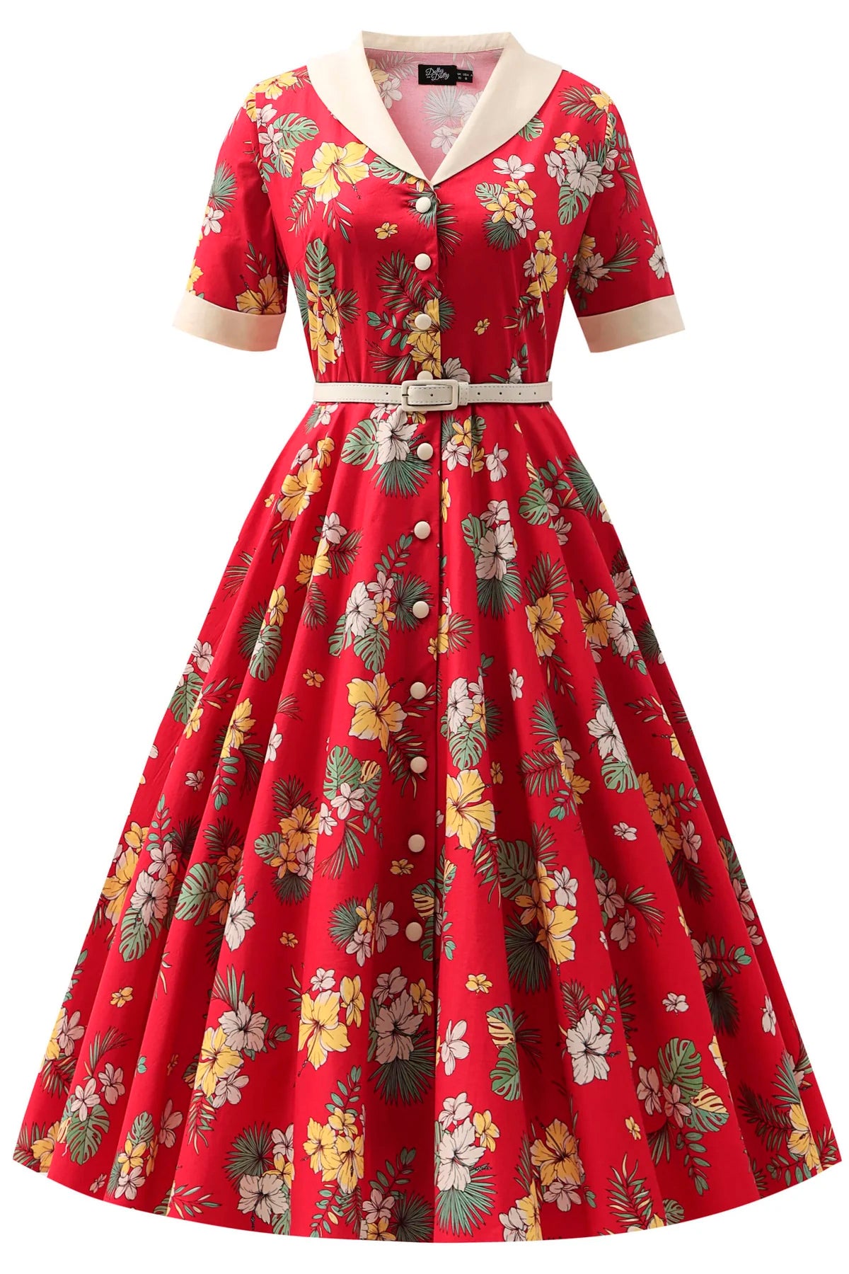 Dolly & Dotty Mollie Hibiscus Swing Kleid in Bordeauxrot mit tropischem Blumenmuster