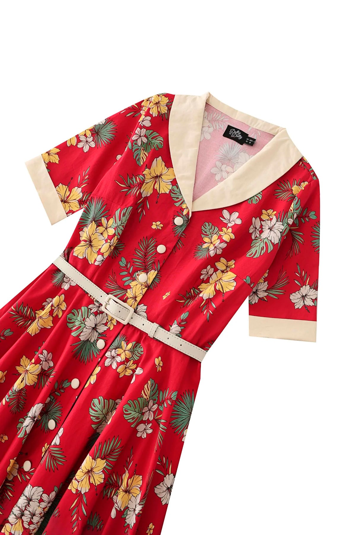 Dolly & Dotty «Mollie Hibiscus» Vintage Tropical Blüten Fill Circle Swing Dress / Kleid - Rot