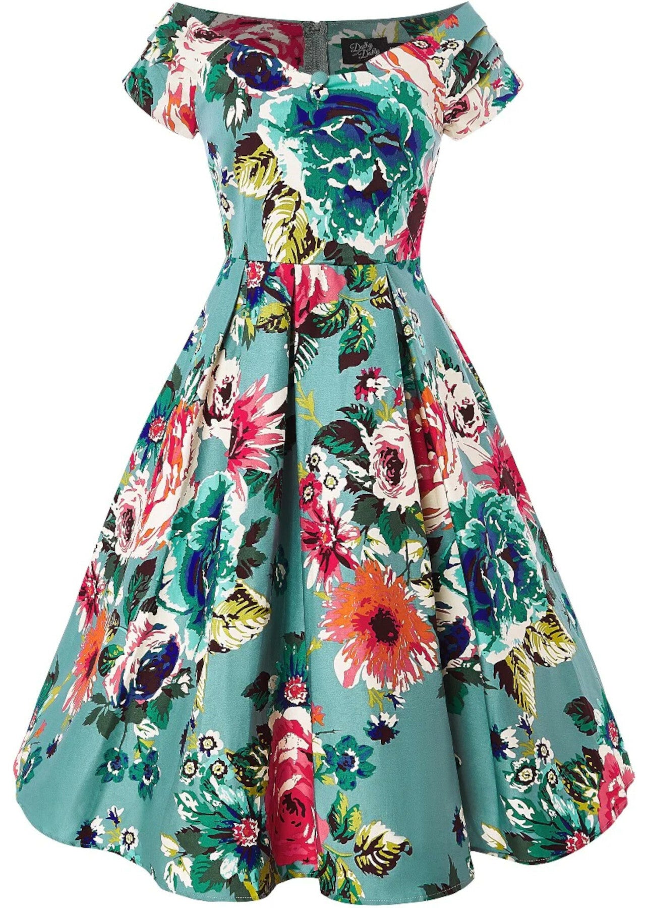 Dolly_and_Dotty_LILY_50s_FLOWERS_Blumen_Pleated_V-Neck_SWING_DRESS_Kleid_-_Blau_killer_kirsche_1