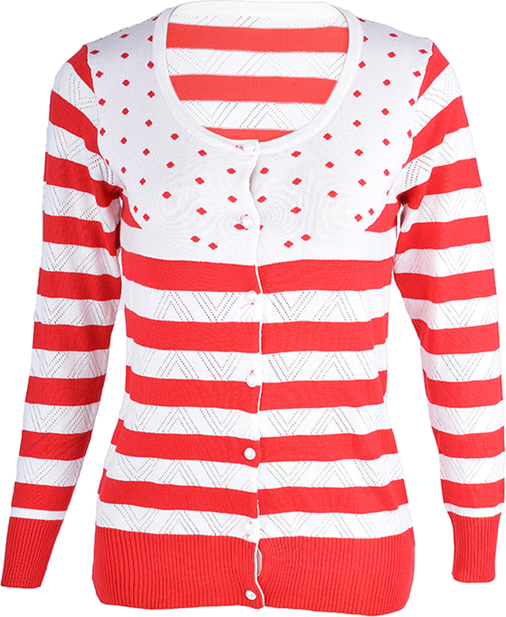 Edler_Retro_POLKA_DOTS_50s_Streifen_50s_STRICKJACKE_Cardigan_rot